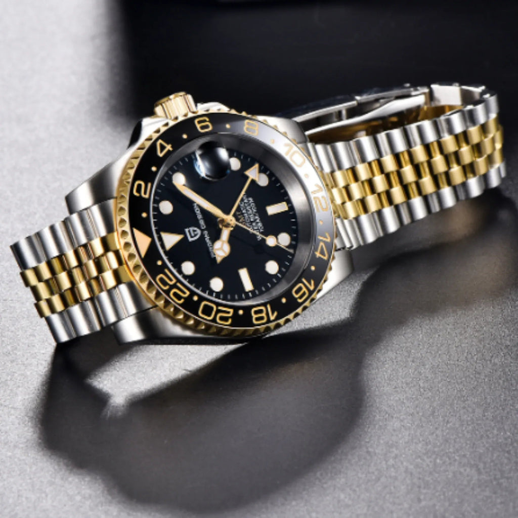 PAGANI DESIGN PD-1662 V5 Men Mechanical Watches Luxury Ceramic Bezel Automatic Watch 100M Waterproof GMT Watch for Men - Black/Golden - DREAM WATCHES