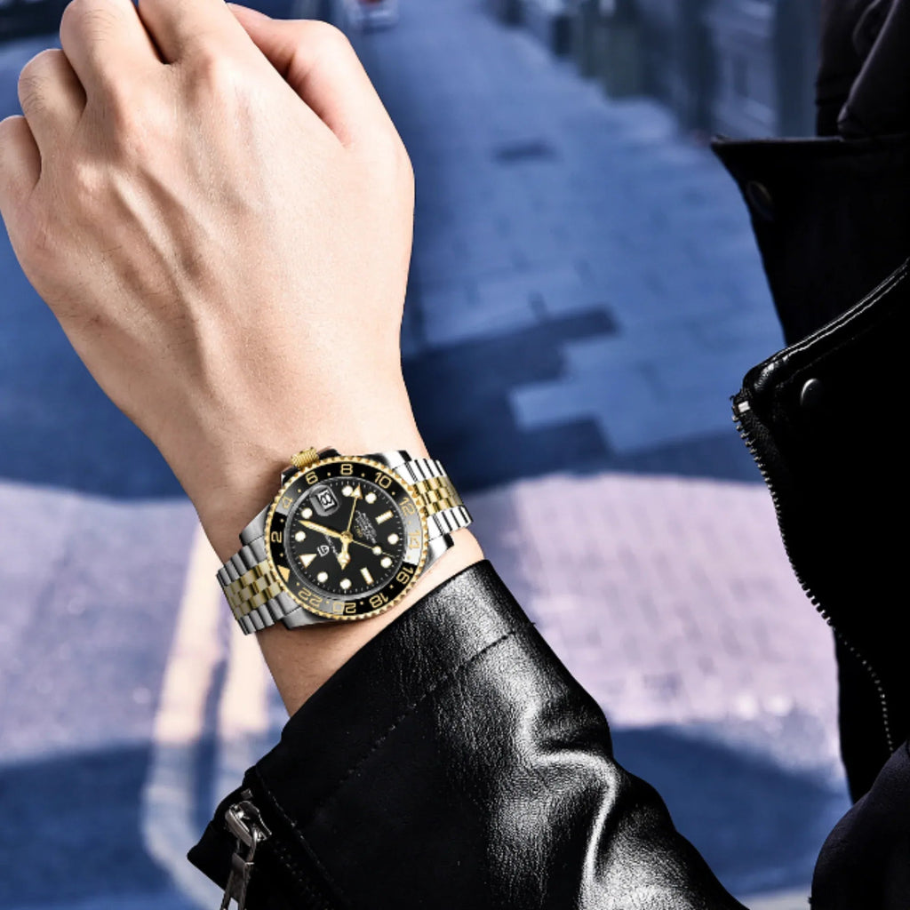 PAGANI DESIGN PD-1662 V5 Men Mechanical Watches Luxury Ceramic Bezel Automatic Watch 100M Waterproof GMT Watch for Men - Black/Golden - DREAM WATCHES