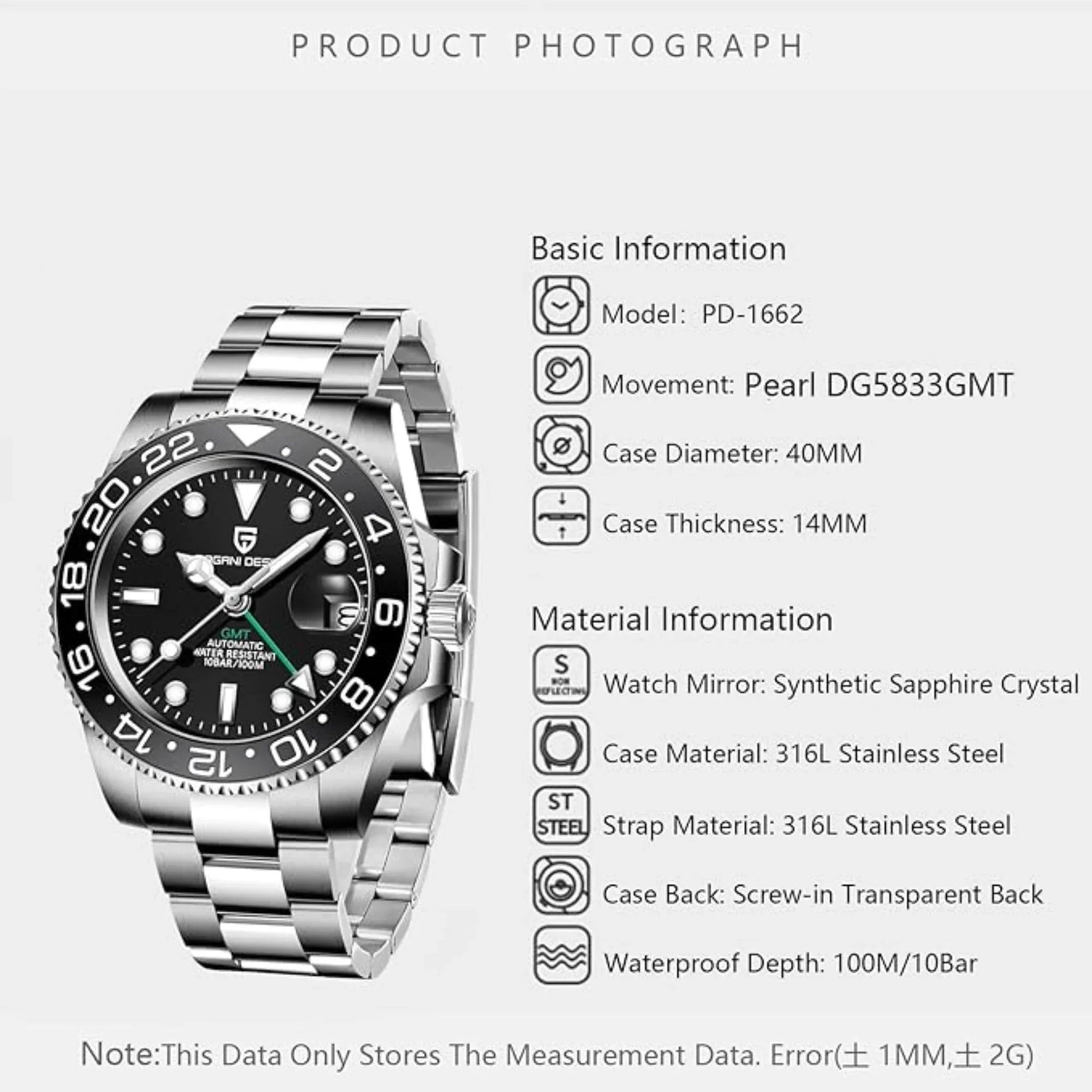 Pagani Design PD-1662 Waterproof Mechanical Automatic Watch Stainless Steel Men's 40MM Watch - Black - DREAM WATCHES