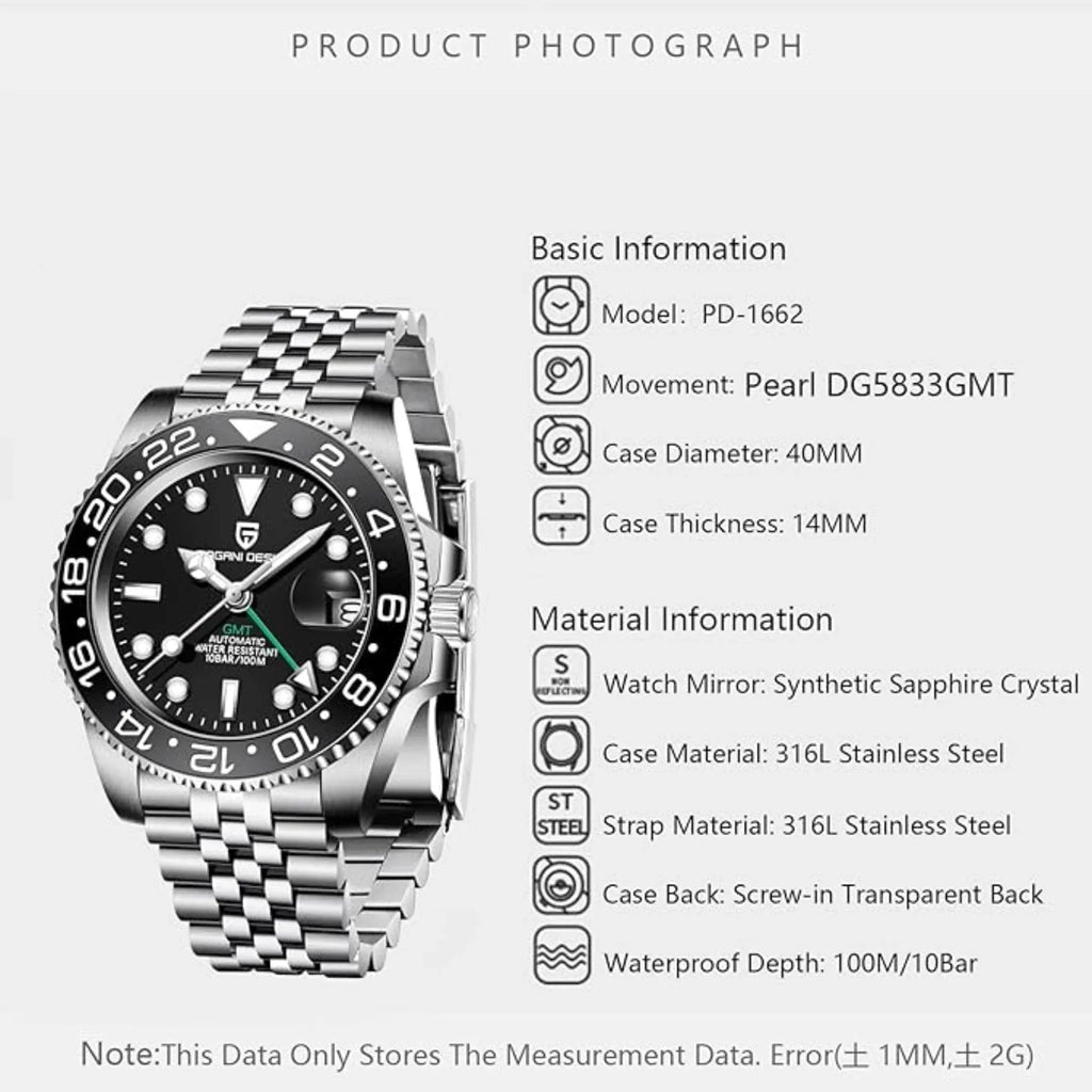 Pagani Design PD-1662 Waterproof Mechanical Automatic Watch Stainless Steel Men's 40MM Watch - Black - DREAM WATCHES