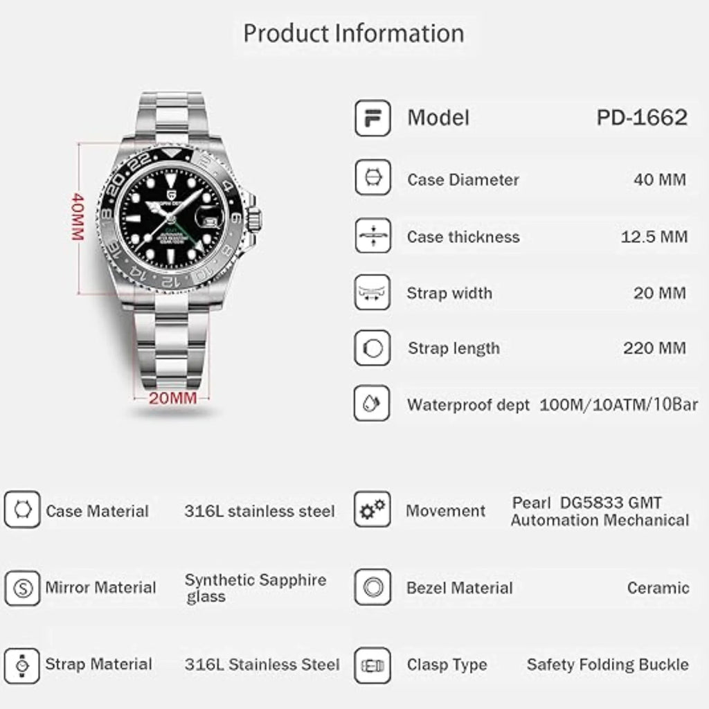 Pagani Design PD-1662 Waterproof Mechanical Automatic Watch Stainless Steel Men's 40MM Watch - Bruce Wayne - DREAM WATCHES