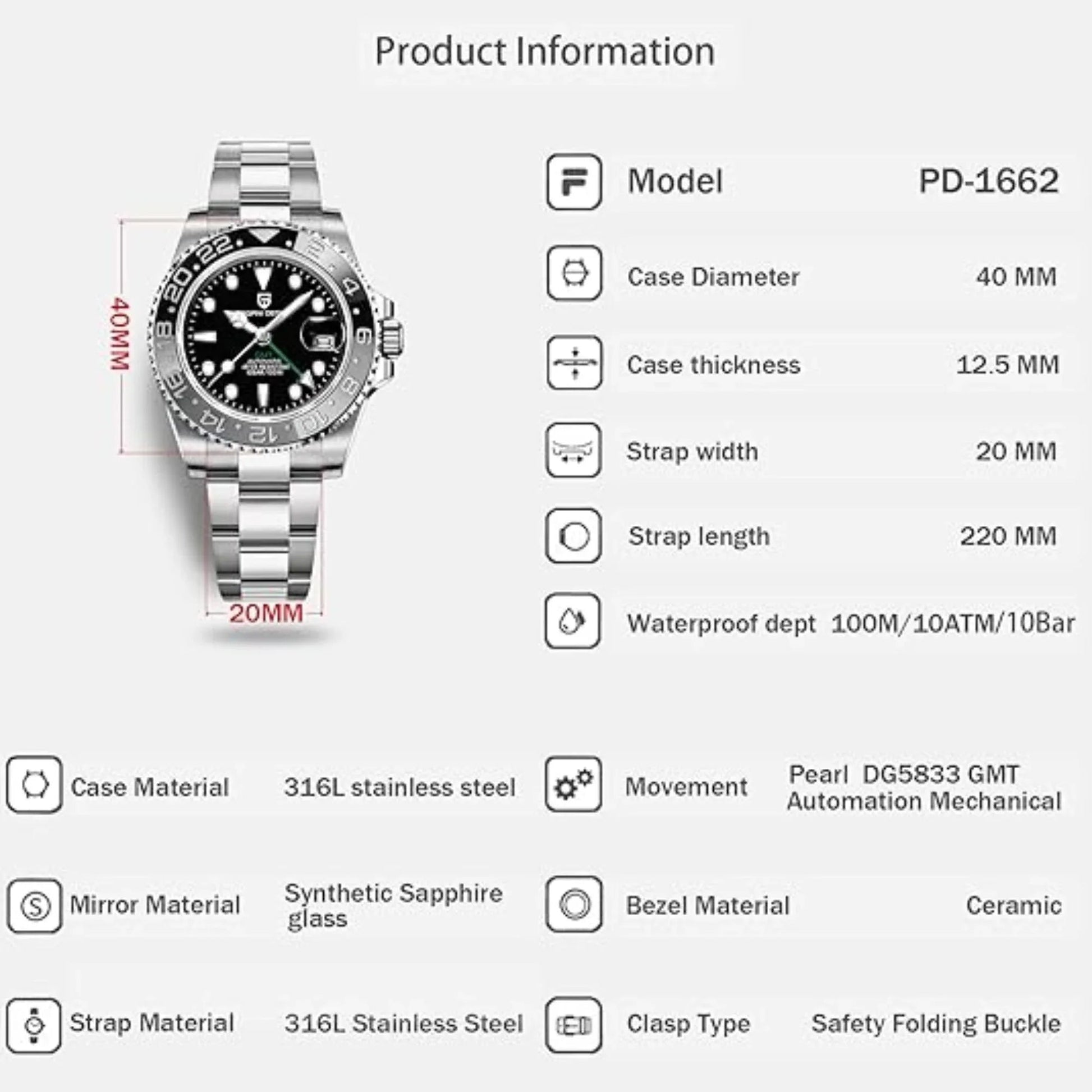 Pagani Design PD-1662 Waterproof Mechanical Automatic Watch Stainless Steel Men's 40MM Watch - Bruce Wayne - DREAM WATCHES