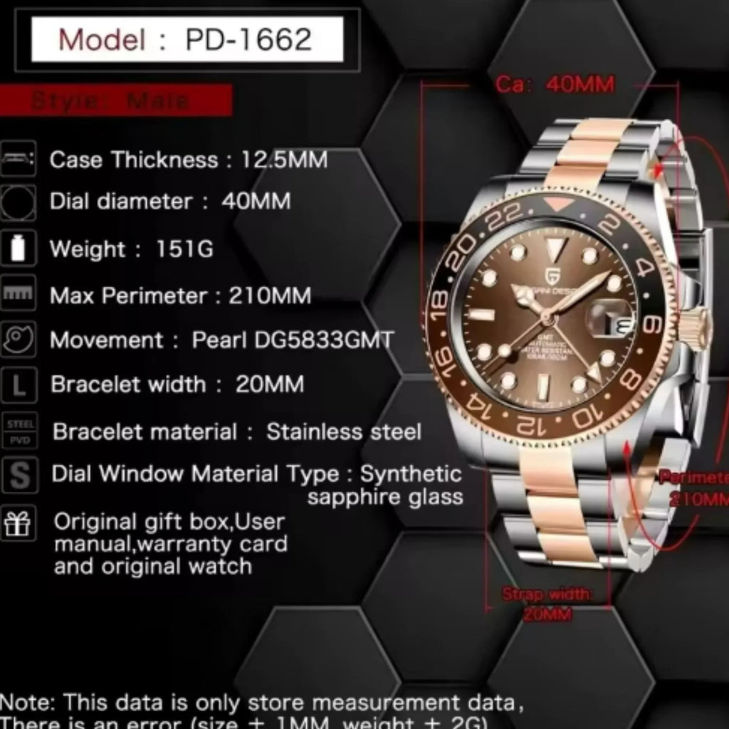 Pagani Design PD-1662 Waterproof Mechanical Automatic Watch Stainless Steel Men's 40MM Watch (Rootbeer) - Brown Dial - DREAM WATCHES