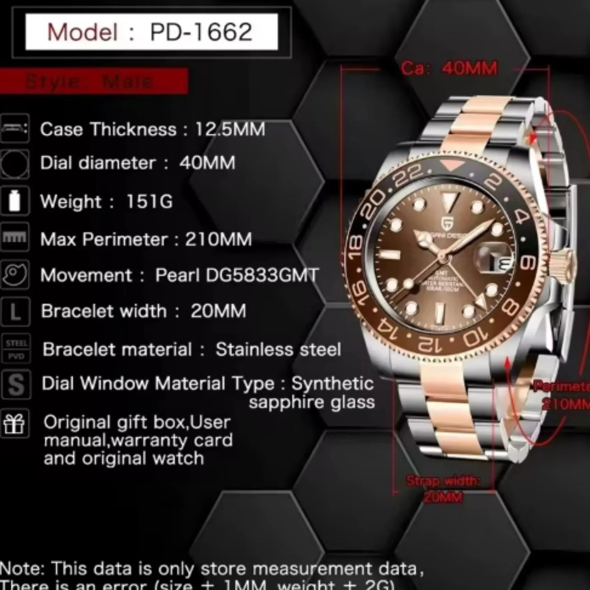 Pagani Design PD-1662 Waterproof Mechanical Automatic Watch Stainless Steel Men's 40MM Watch (Rootbeer) - Brown Dial - DREAM WATCHES