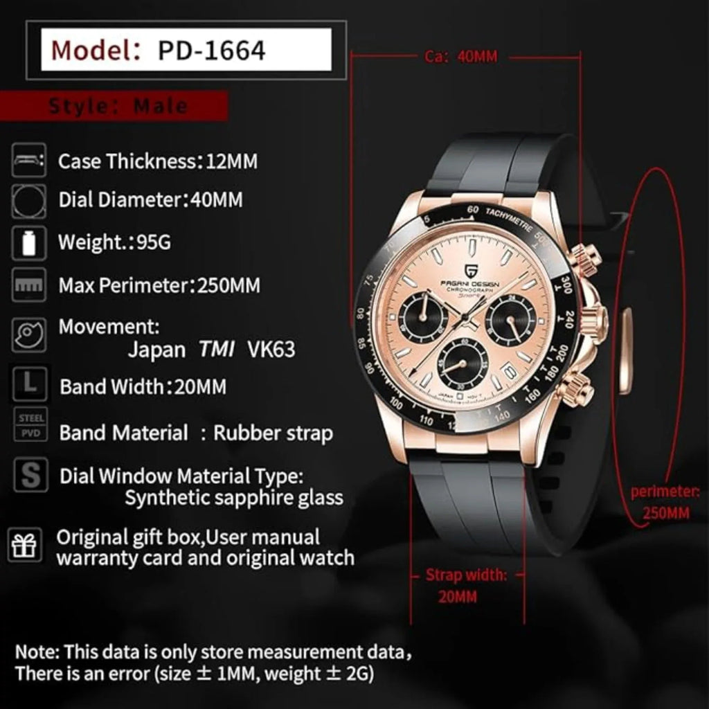 Pagani Design PD-1664 | Luxury | Meca-Quartz Movement (SeikoVK63) | Stainless Steel Men's 40MM Watch - Rose Gold Dial - DREAM WATCHES