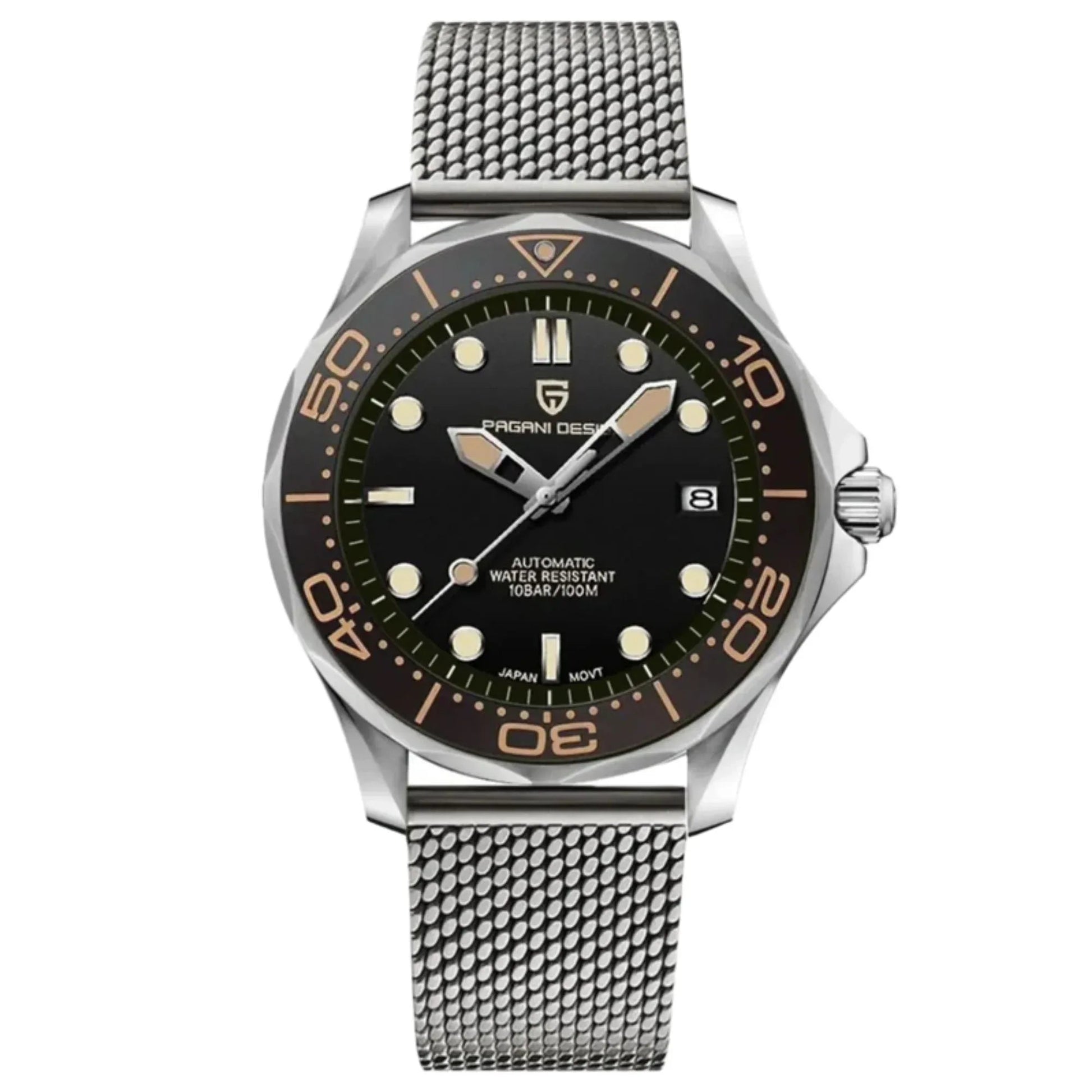 Pagani Design PD-1667 42mm Mens Automatic Waterproof Mechanical Watch with (Japanese NH-35 Movement) 007 Seamaster - Mesh Strap - DREAM WATCHES