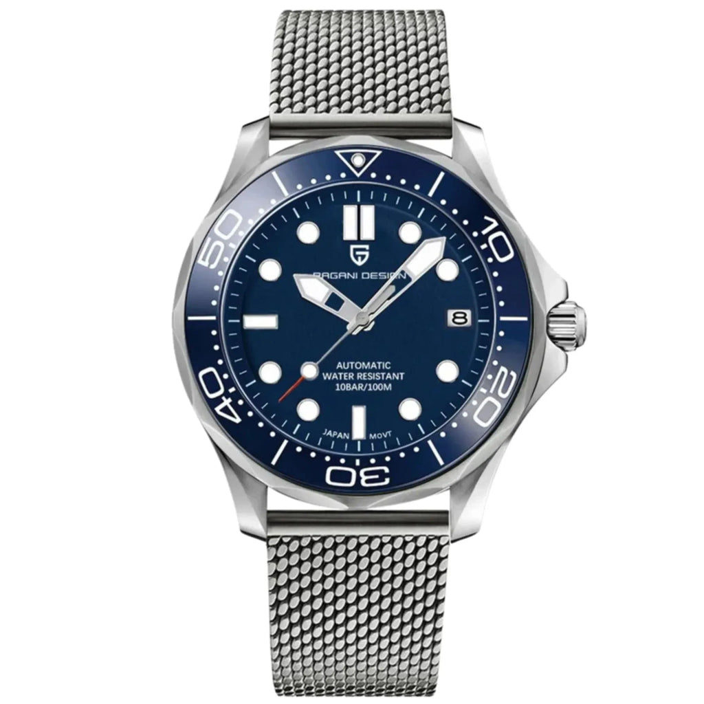 Pagani Design PD-1667 42mm Mens Automatic Waterproof Mechanical Watch with (Japanese NH-35 Movement) 007 Seamaster - Mesh Strap - DREAM WATCHES