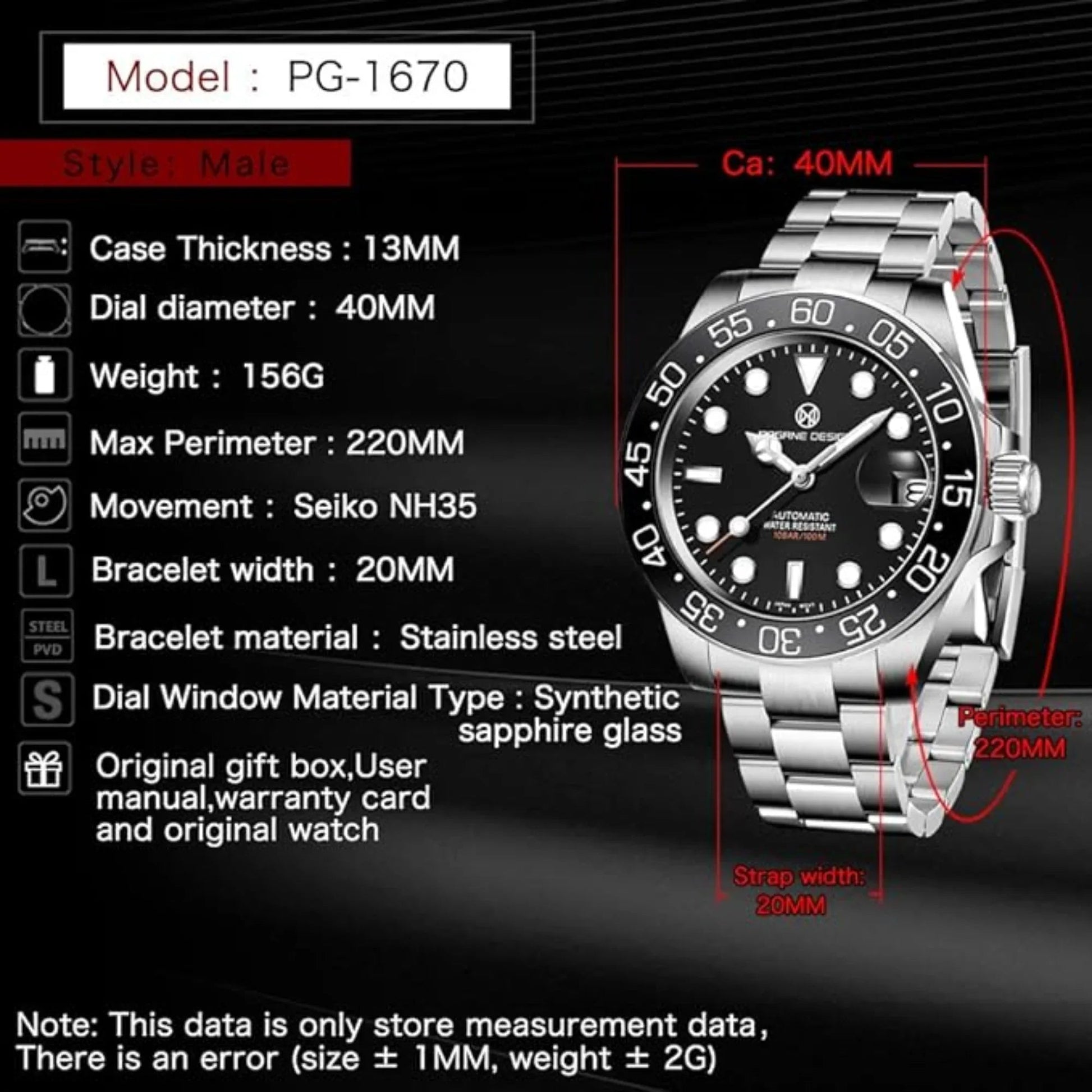 Pagani Design PD-1670 Men's Wrist Watches, Automatic Mechanical NH35A Movement Waterproof Watches for Men, 40mm Stainless Steel Sapphire Glass Silver Watch - DREAM WATCHES
