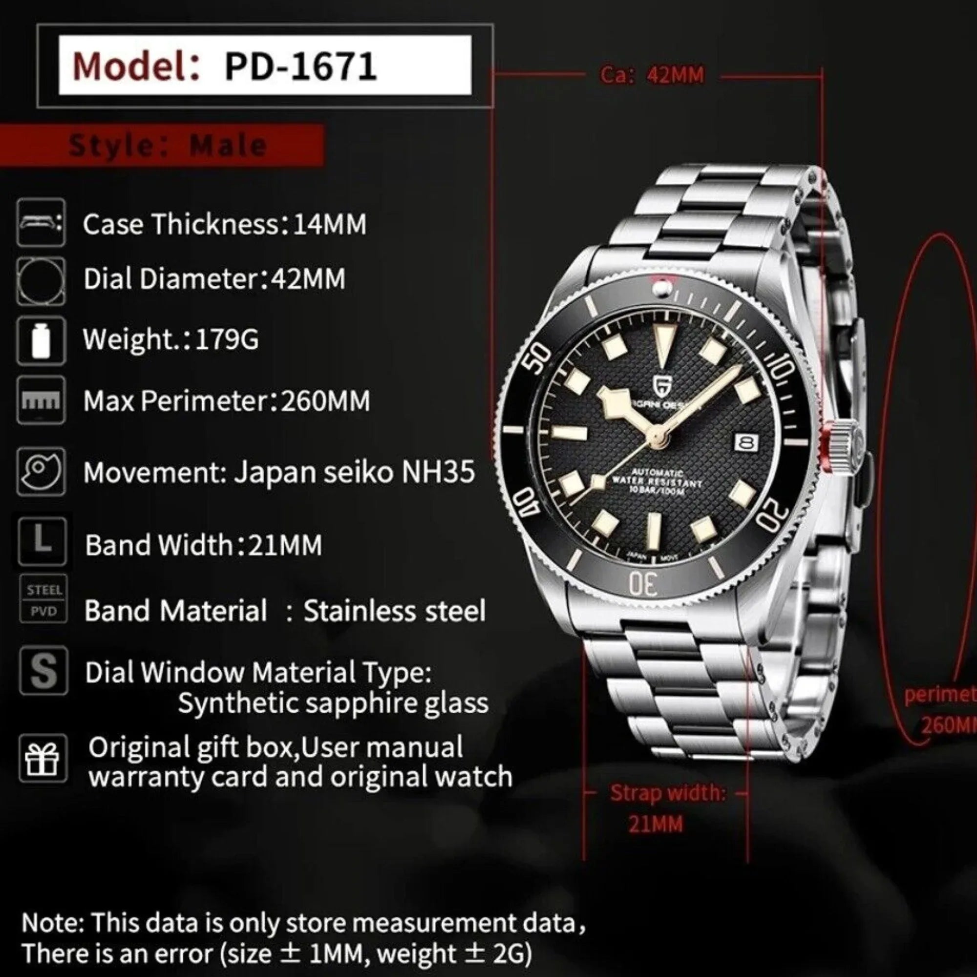 Pagani Design PD-1671 42mm Mens Automatic Waterproof Mechanical Watch with (Japanese NH-35 Movement) - Black Bay - DREAM WATCHES