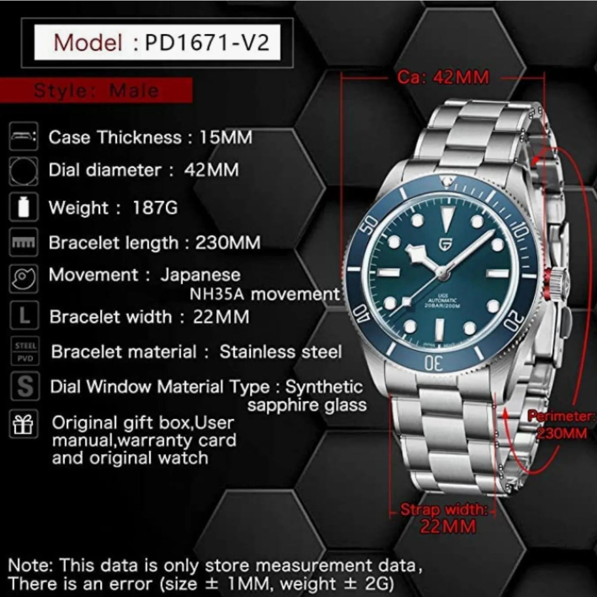 Pagani Design PD-1671 42mm Mens Automatic Waterproof Mechanical Watch with (Japanese NH-35 Movement) - Blue - DREAM WATCHES