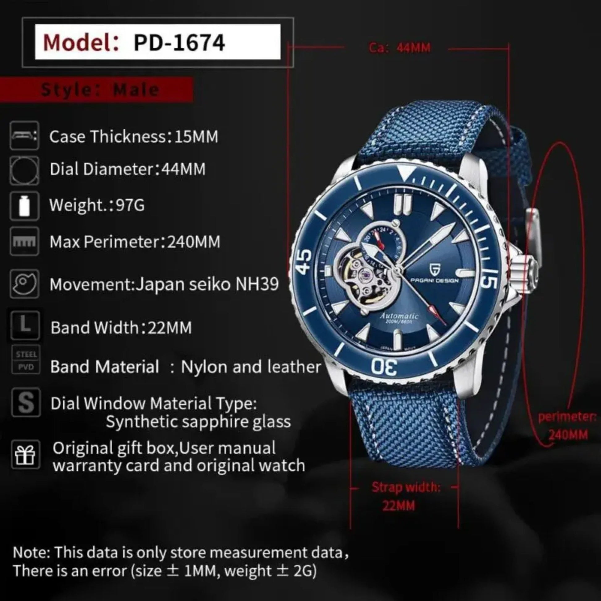 Pagani Design PD-1674 Men's Watches NH39A Automatic Mechanical Wrist Watch for Men C3/BGW9 Luxury Waterproof Stainless Steel Nylon Leather Watchband - Black Golden Dial - DREAM WATCHES