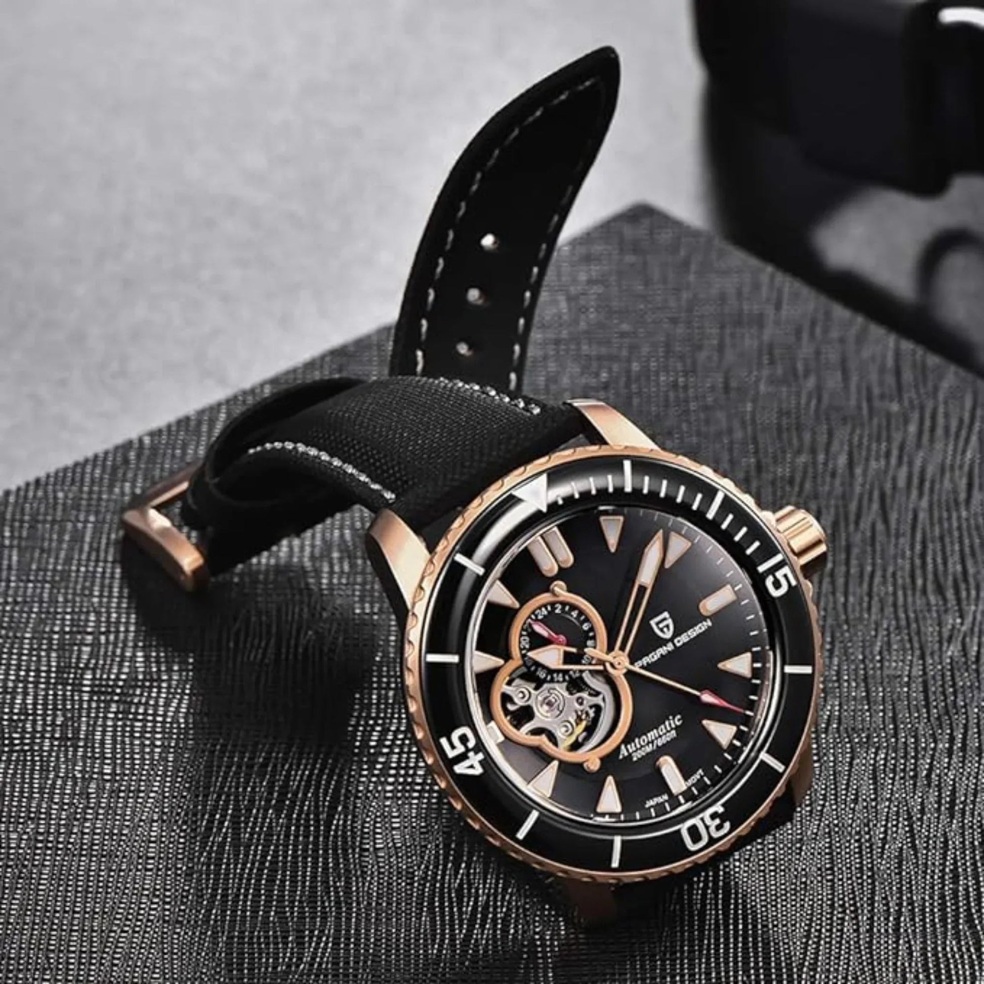 Pagani Design PD-1674 Men's Watches NH39A Automatic Mechanical Wrist Watch for Men C3/BGW9 Luxury Waterproof Stainless Steel Nylon Leather Watchband - Black Golden Dial - DREAM WATCHES