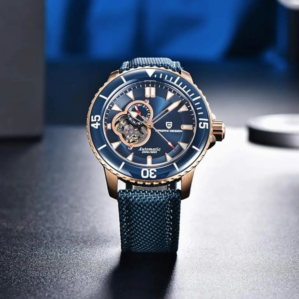 Pagani Design PD-1674 Men's Watches NH39A Automatic Mechanical Wrist Watch for Men C3/BGW9 Luxury Waterproof Stainless Steel Nylon Leather Watchband - Blue Golden Dial - DREAM WATCHES