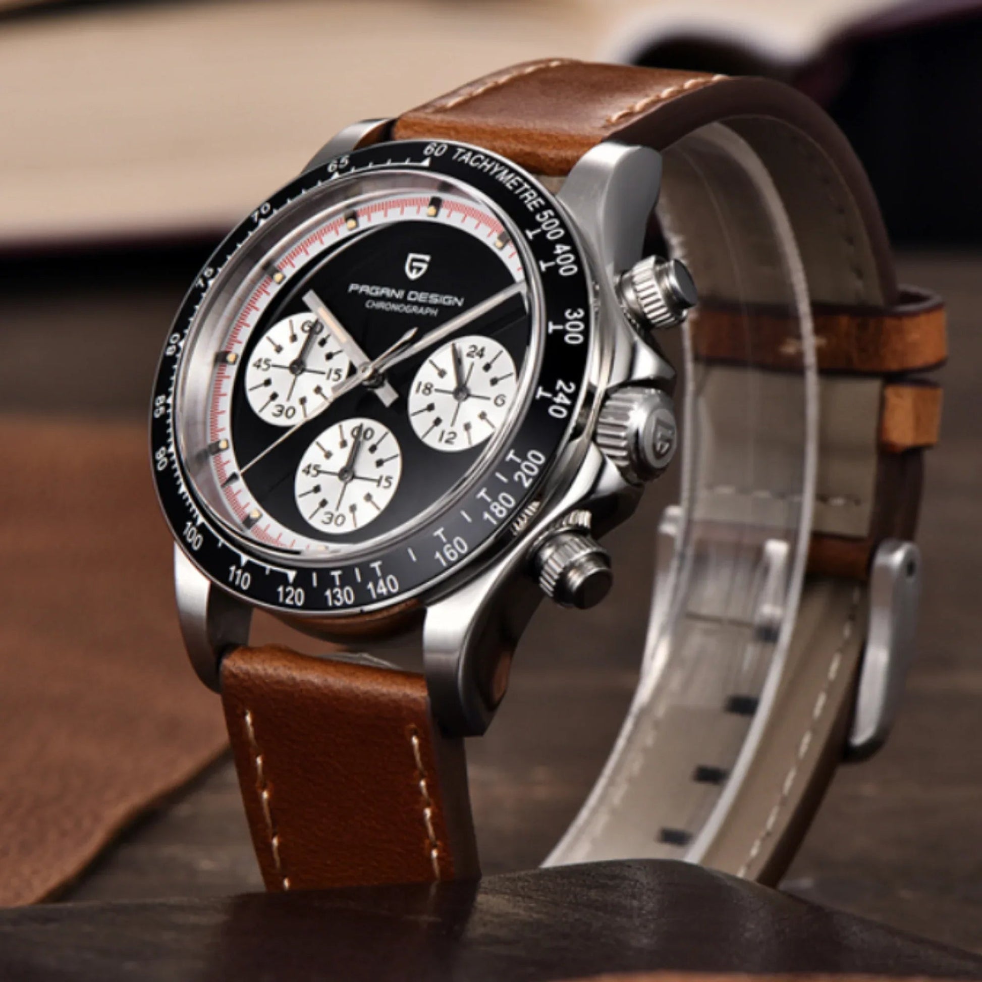 Pagani Design PD-1676 Paul Newman Chronograph Luxury Waterproof Movement (Japanese VK63) | Stainless Steel Men's 40MM Watch - Black Dial With Leather Strap - DREAM WATCHES