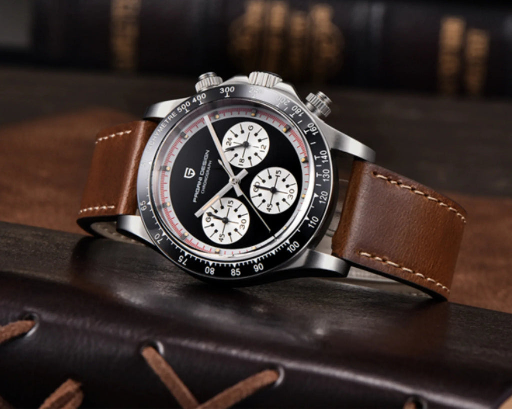 Pagani Design PD-1676 Paul Newman Chronograph Luxury Waterproof Movement (Japanese VK63) | Stainless Steel Men's 40MM Watch - Black Dial With Leather Strap - DREAM WATCHES