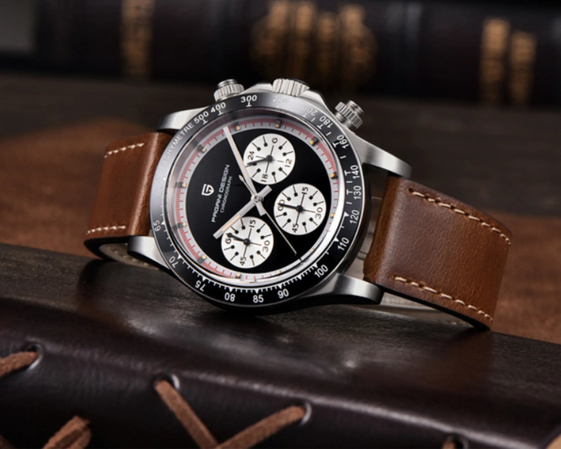 Pagani Design PD-1676 Paul Newman Chronograph Luxury Waterproof Movement (Japanese VK63) | Stainless Steel Men's 40MM Watch - Black Dial With Leather Strap - DREAM WATCHES