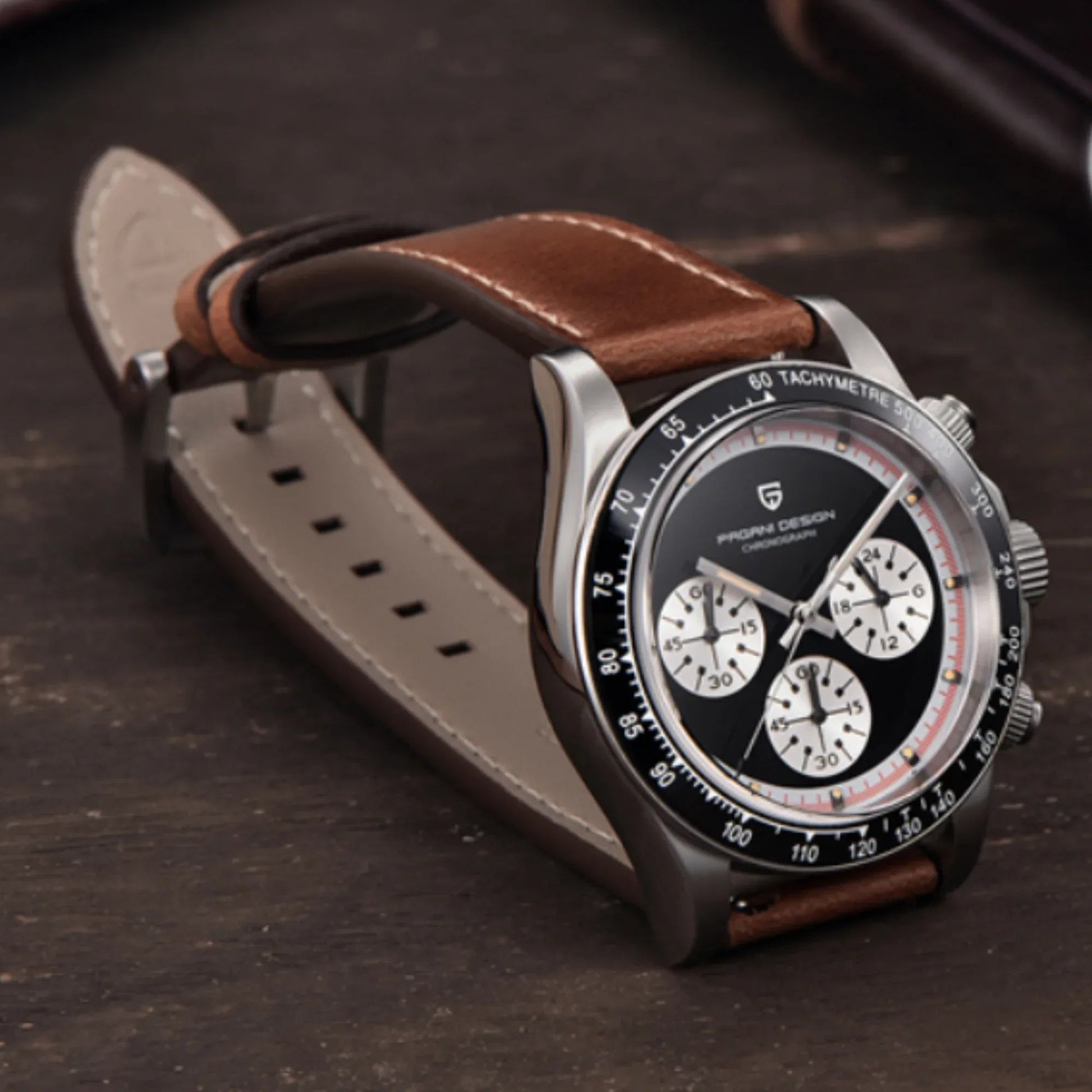 Pagani Design PD-1676 Paul Newman Chronograph Luxury Waterproof Movement (Japanese VK63) | Stainless Steel Men's 40MM Watch - Black Dial With Leather Strap - DREAM WATCHES