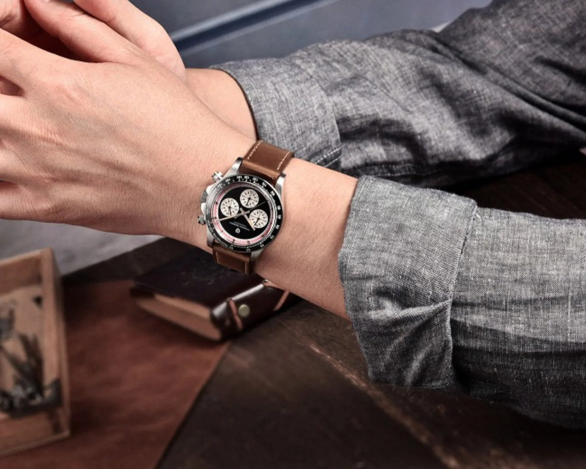 Pagani Design PD-1676 Paul Newman Chronograph Luxury Waterproof Movement (Japanese VK63) | Stainless Steel Men's 40MM Watch - Black Dial With Leather Strap - DREAM WATCHES