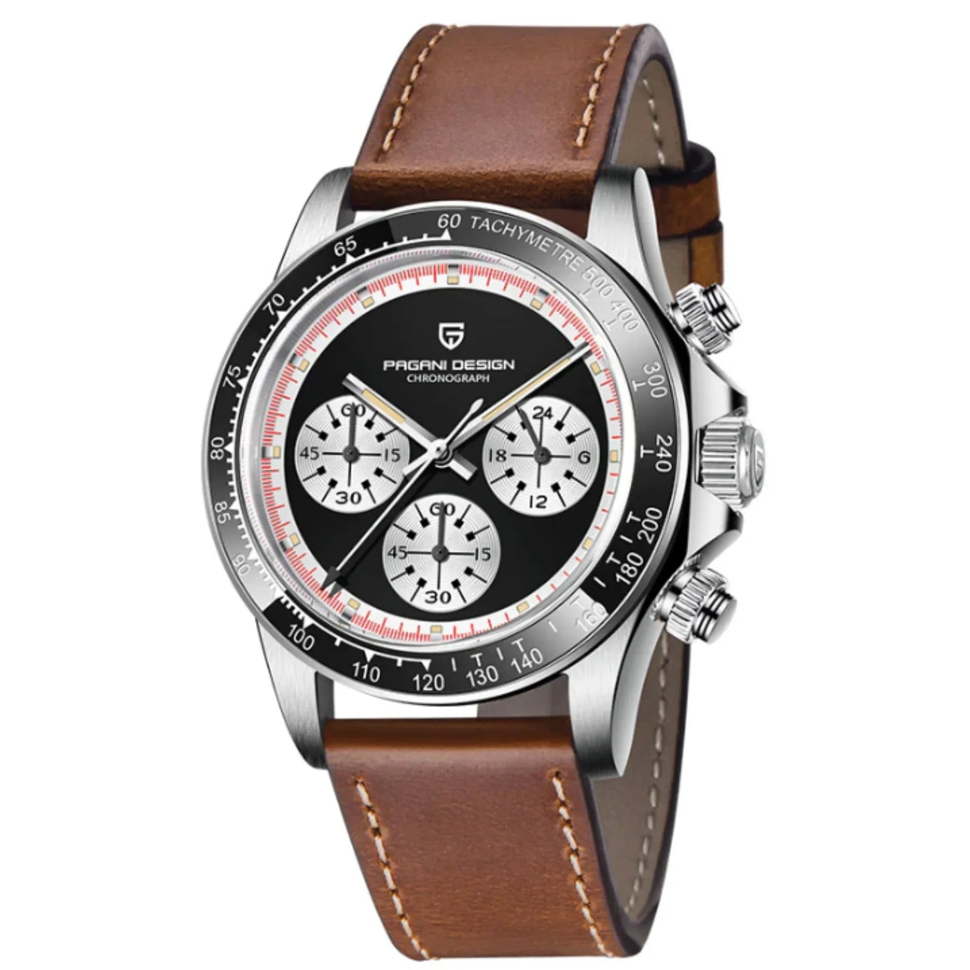 Pagani Design PD-1676 Paul Newman Chronograph Luxury Waterproof Movement (Japanese VK63) | Stainless Steel Men's 40MM Watch - Black Dial With Leather Strap - DREAM WATCHES