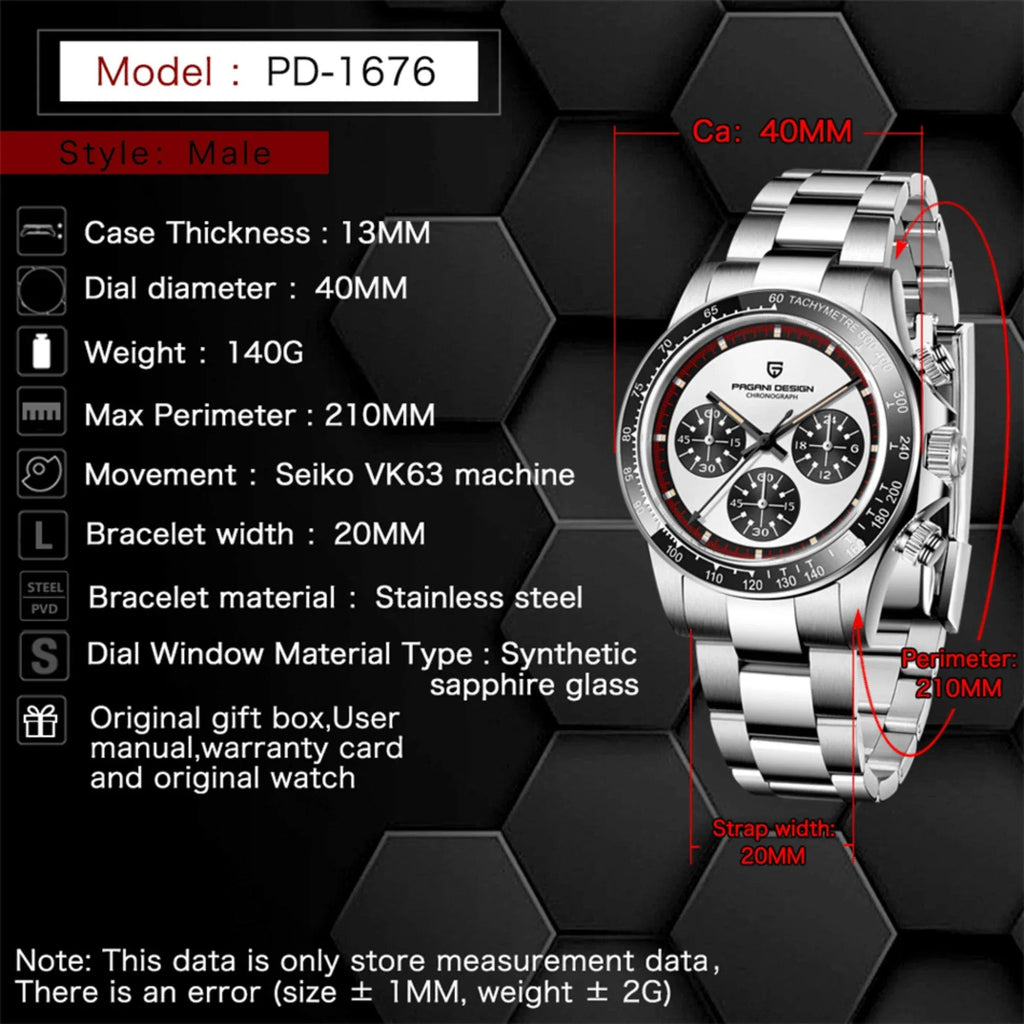 Pagani Design PD-1676 Paul Newman Chronograph Luxury Waterproof Movement (Japanese VK63) | Stainless Steel Men's 40MM Watch - White Dial With Leather Strap - DREAM WATCHES