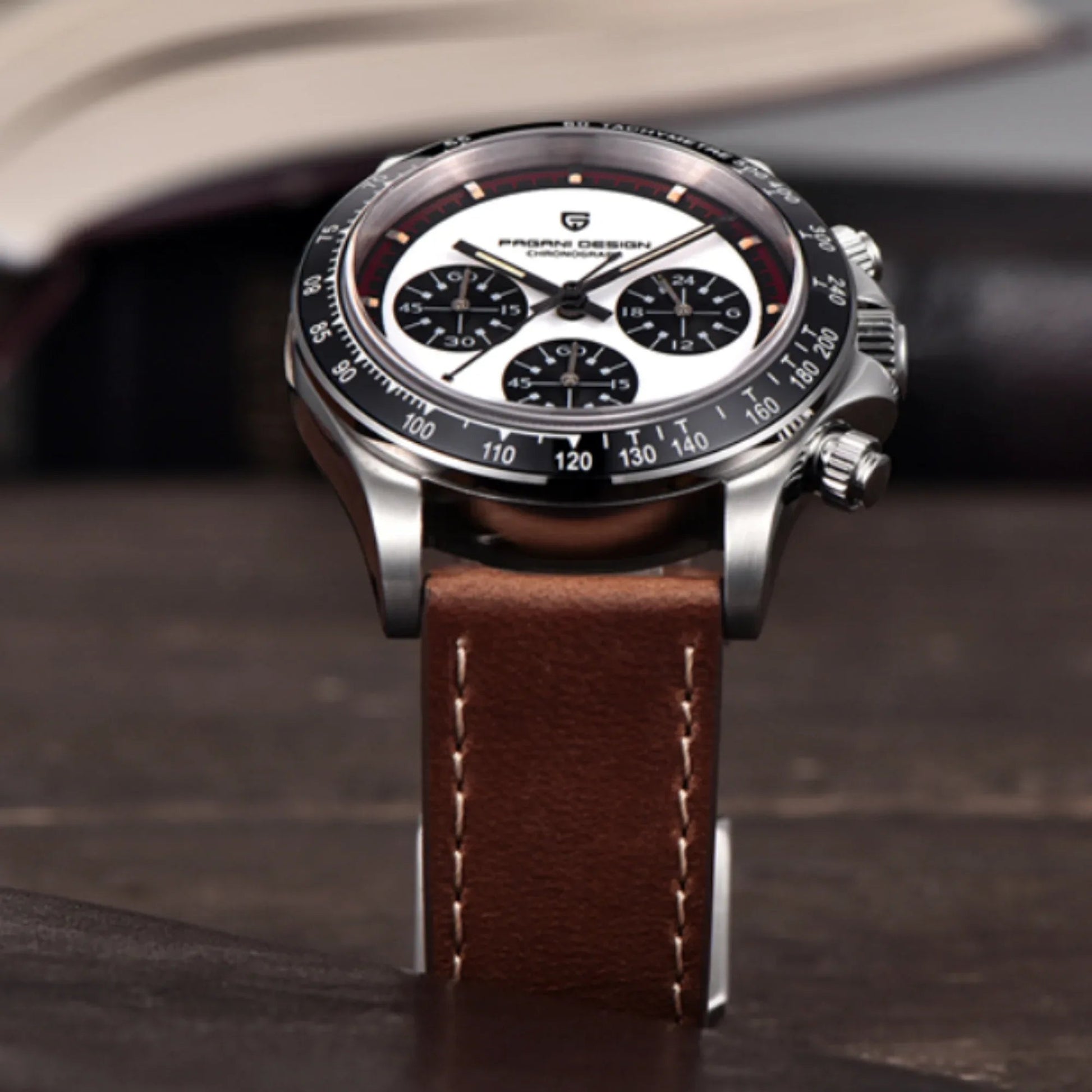 Pagani Design PD-1676 Paul Newman Chronograph Luxury Waterproof Movement (Japanese VK63) | Stainless Steel Men's 40MM Watch - White Dial With Leather Strap - DREAM WATCHES