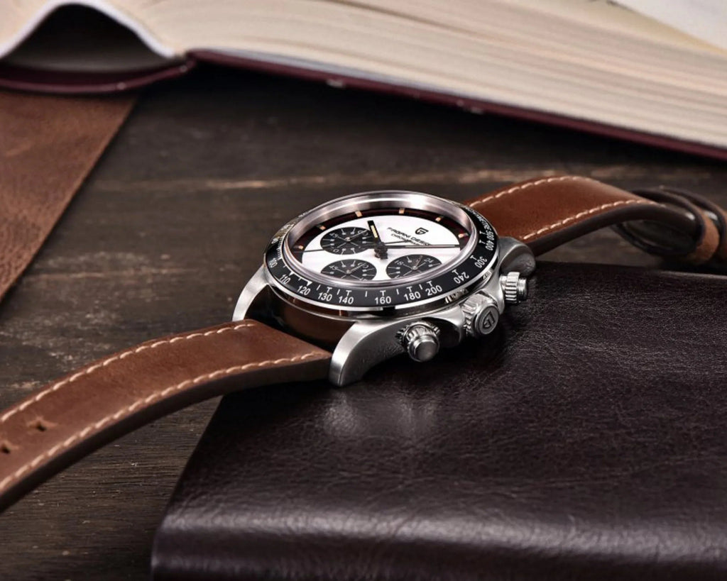 Pagani Design PD-1676 Paul Newman Chronograph Luxury Waterproof Movement (Japanese VK63) | Stainless Steel Men's 40MM Watch - White Dial With Leather Strap - DREAM WATCHES