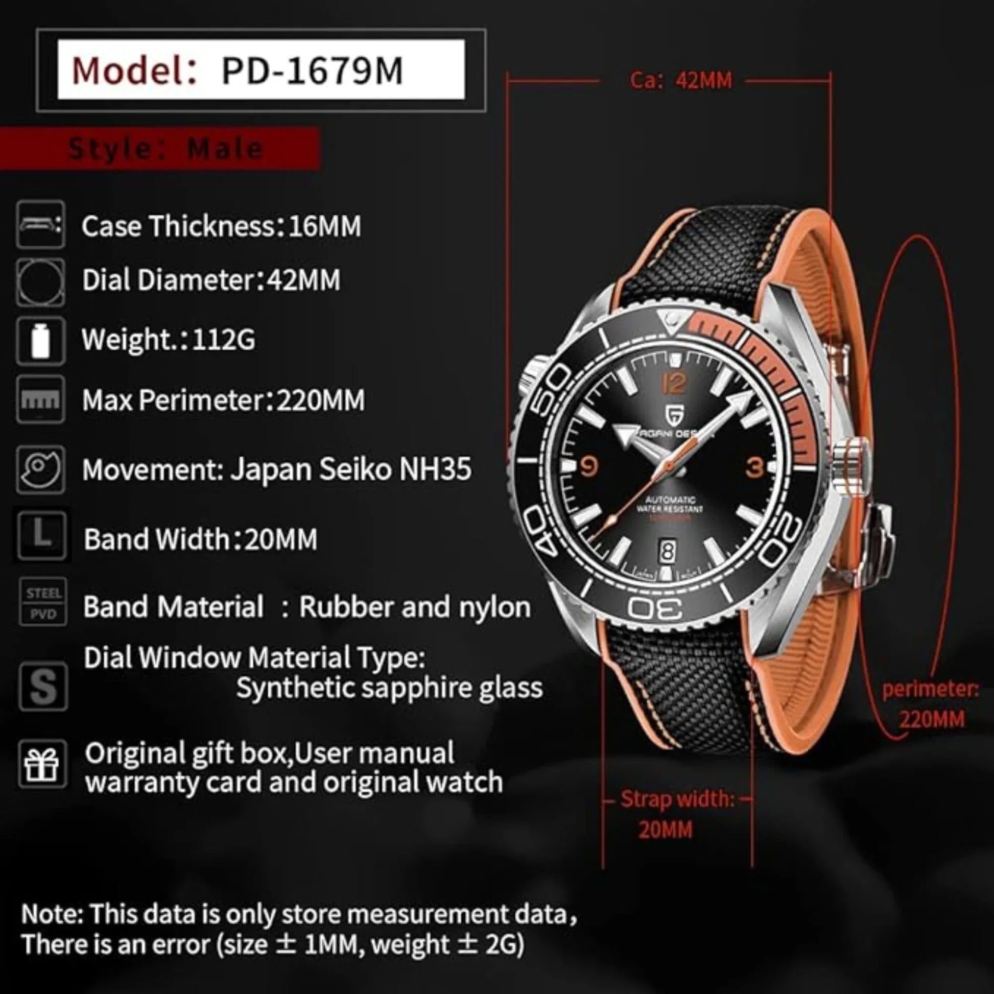 Pagani Design PD-1679M 42MM Mechanical Watch 100M Waterproof Dive Watch Sapphire Stainless Steel Bracelet Watch "Seamaster 300" - Black Dial - DREAM WATCHES