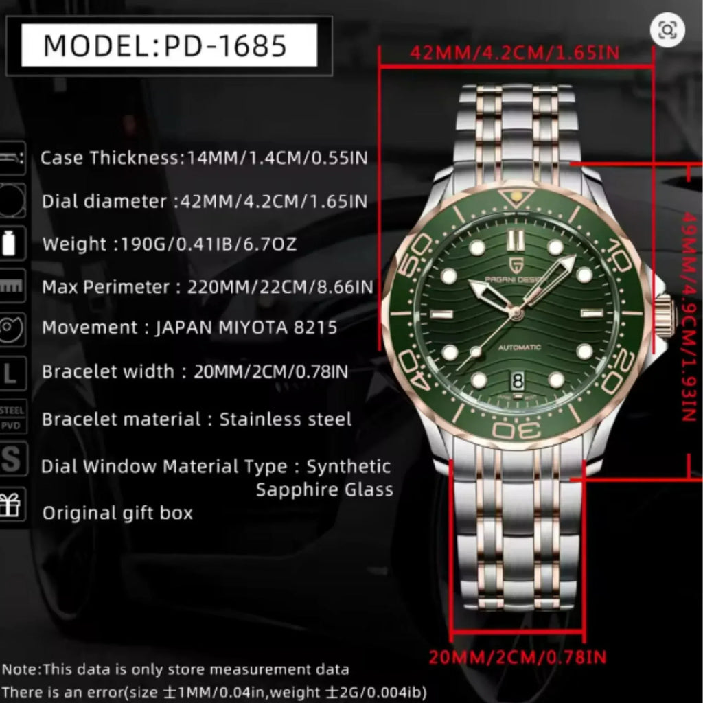 Pagani Design PD-1685 42MM (Japanese NH-35 Automatic Movement) Mechanical Watch 100M Waterproof Dive Watch Sapphire Stainless Steel Bracelet Watch "Seamaster" - DREAM WATCHES