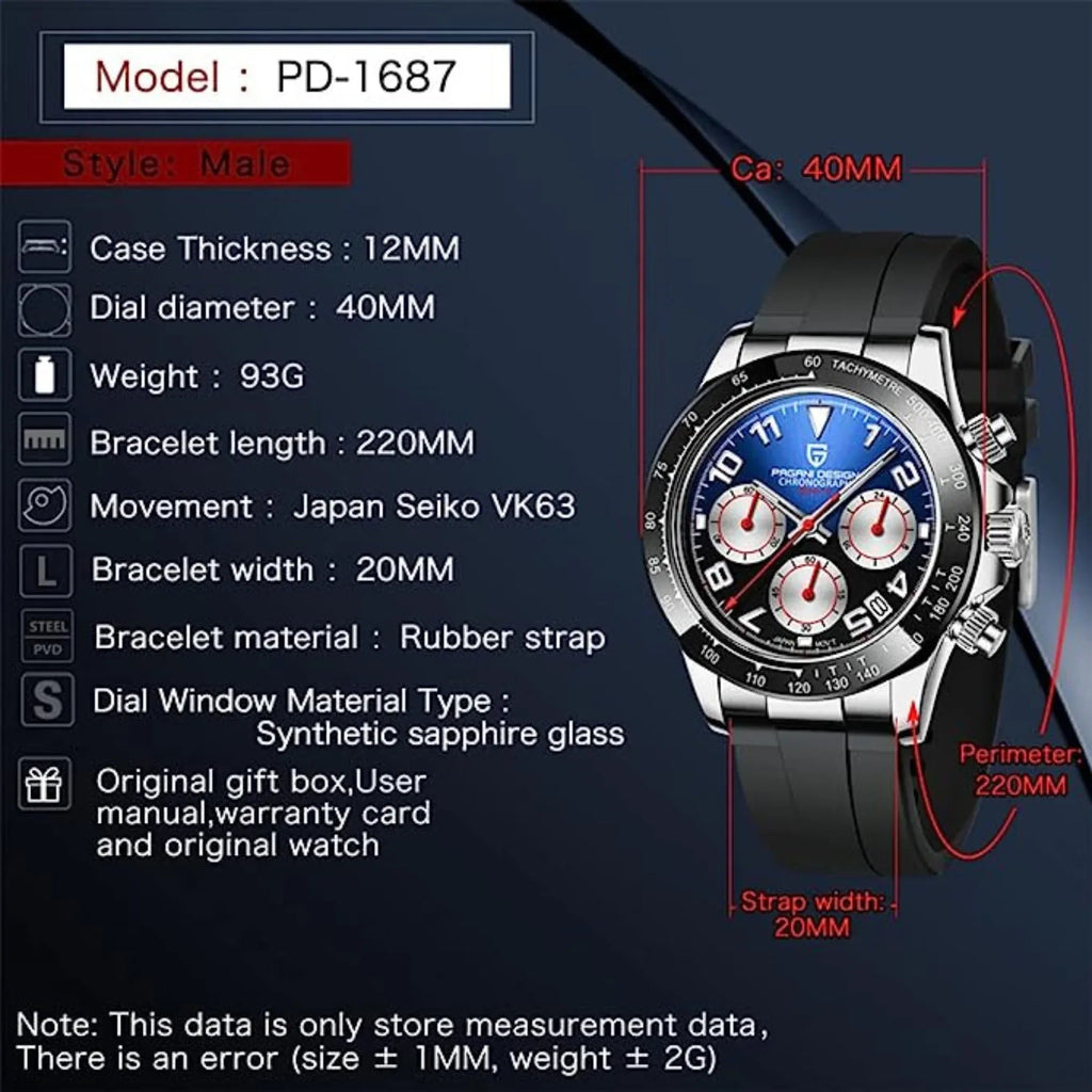 Pagani Design PD-1687 Daytona Chronograph Men's 100M Waterproof Quartz Watch 40MM Fashion Ceramic Bezel New Style Sapphire Crystal Stopwatch - Silver Black - DREAM WATCHES