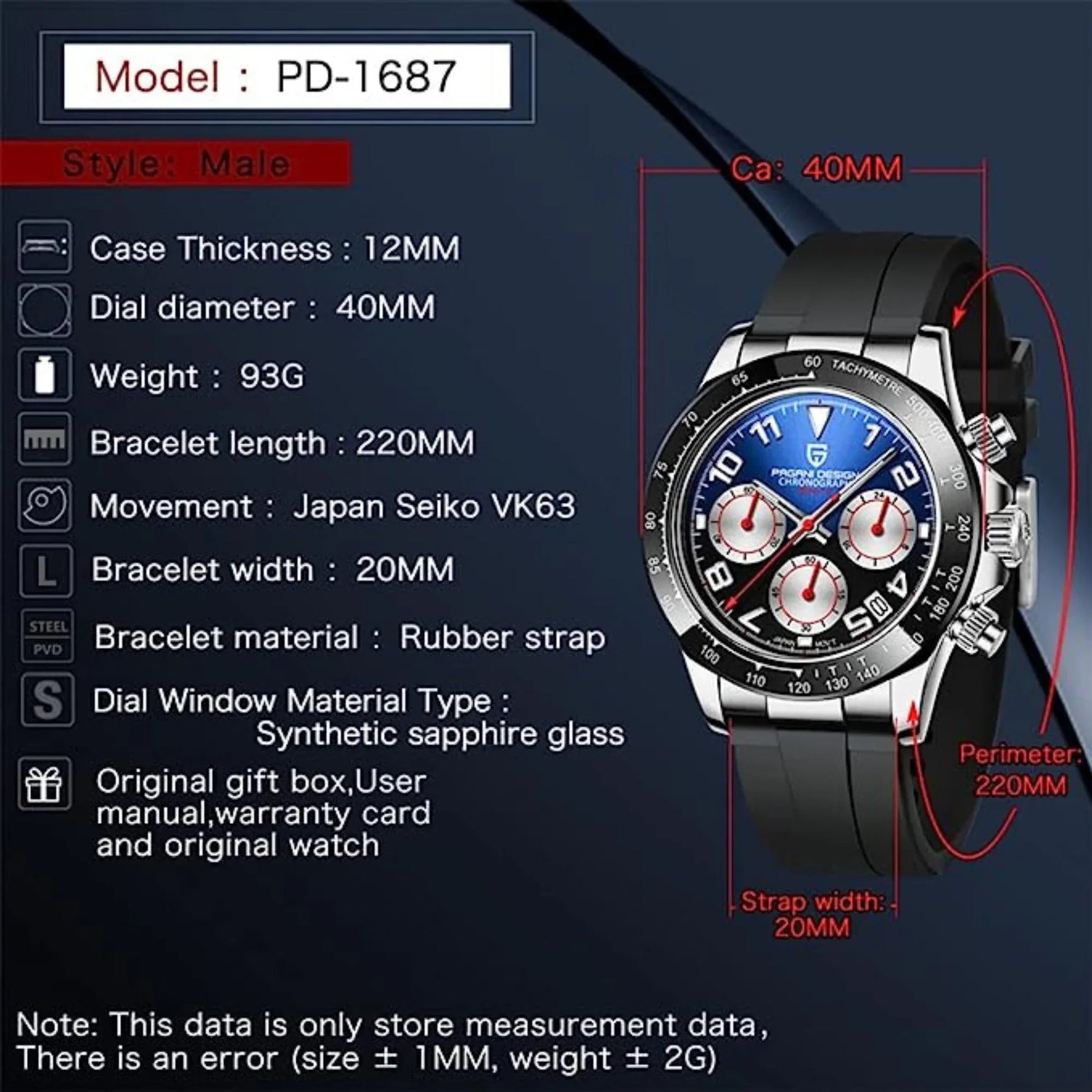 Pagani Design PD-1687 Daytona Chronograph Men's 100M Waterproof Quartz Watch 40MM Fashion Ceramic Bezel New Style Sapphire Crystal Stopwatch - Silver Black - DREAM WATCHES