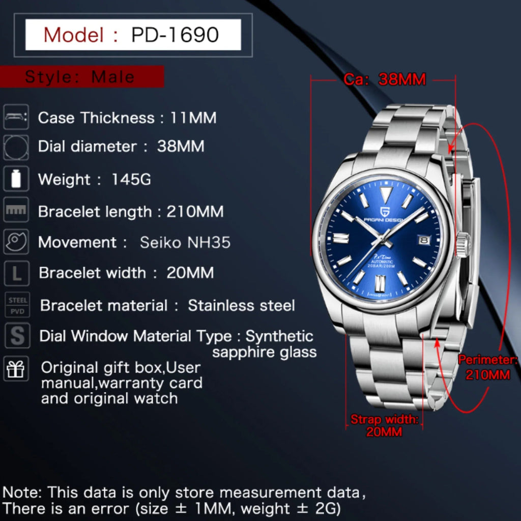 Pagani Design PD-1690 39 MM (Automatic Movement) Mechanical Watch Sapphire Stainless Steel Watch Oyster Perpetual"Blue Dial" - DREAM WATCHES