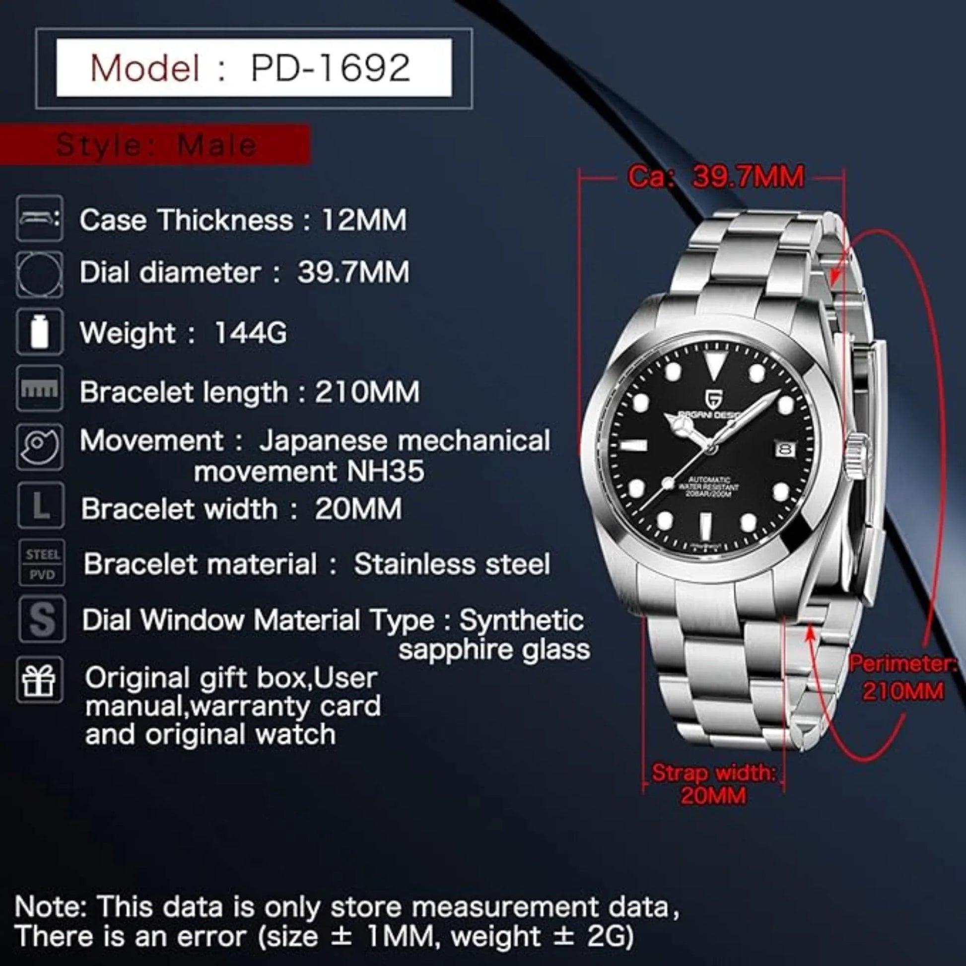 Pagani Design PD-1692 39.7 MM (Automatic Movement) Mechanical Watch Stainless Steel Watch - Black Dial - DREAM WATCHES