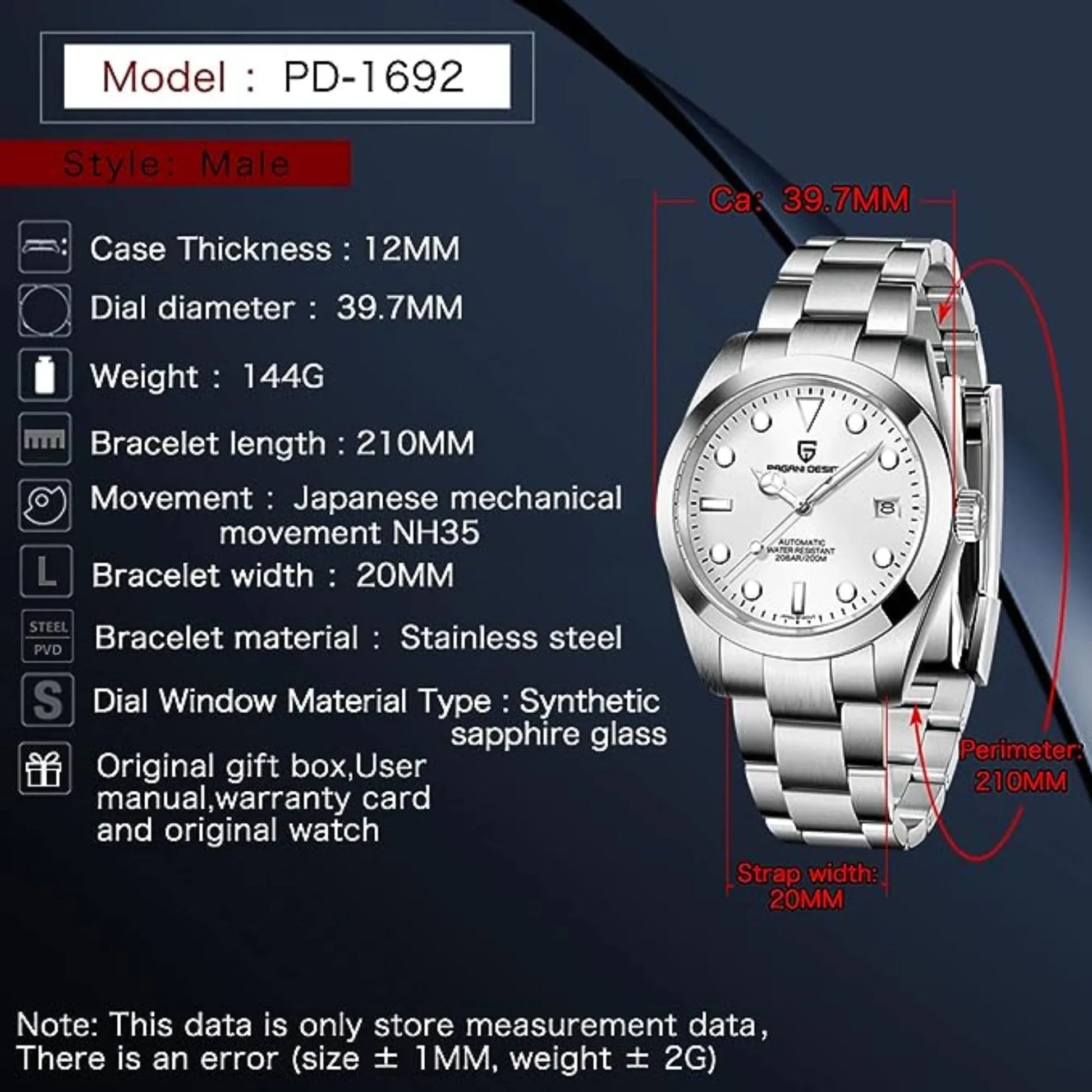 Pagani Design PD-1692 39.7 MM (Automatic Movement) Mechanical Watch Stainless Steel Watch - New Explorer - White Dial - DREAM WATCHES