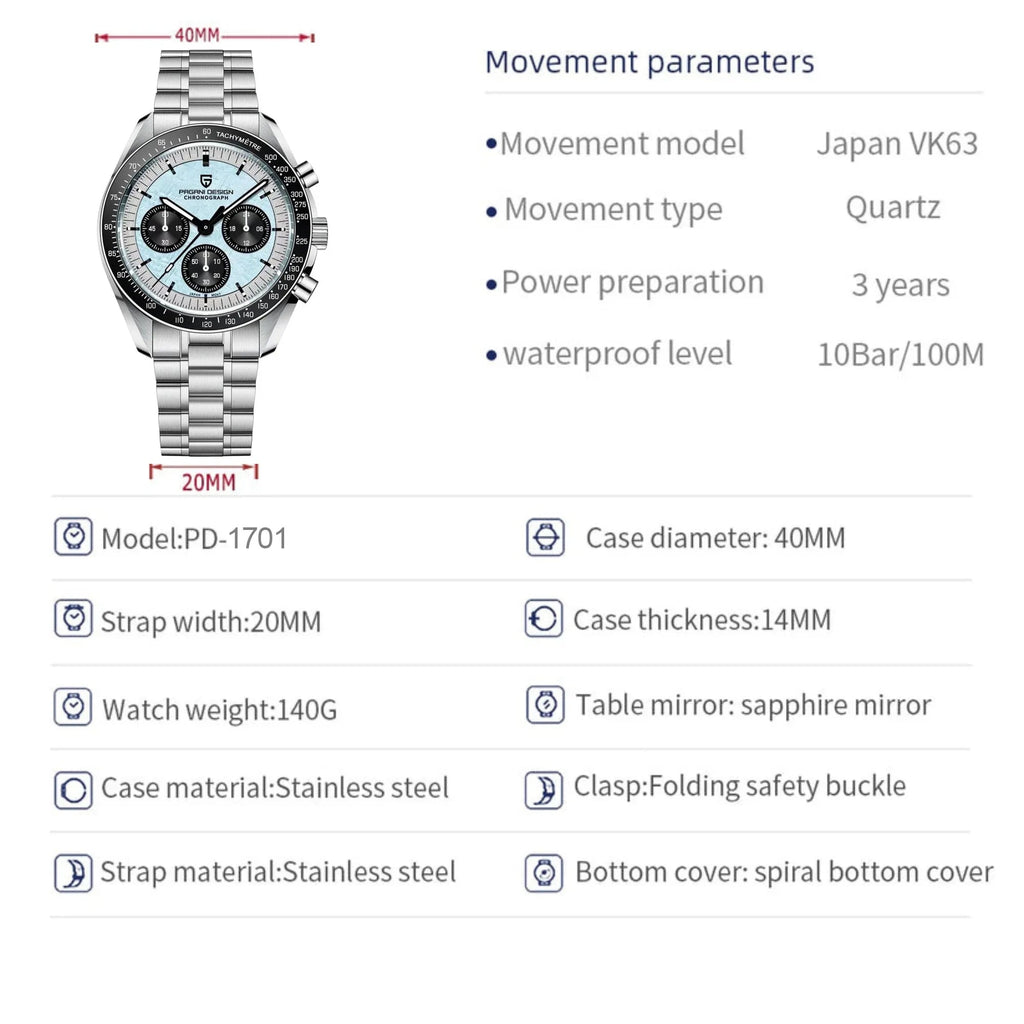 Pagani Design PD-1701 40mm Mens Waterproof Watch with Seiko VK-63 Movement - DREAM WATCHES