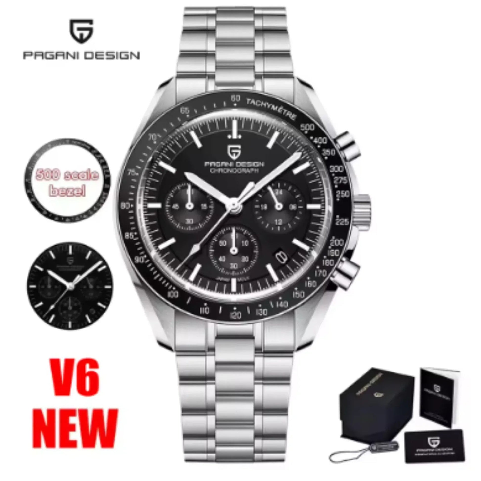 Pagani Design PD-1701 40mm Mens Waterproof Watch with Seiko VK-63 Movement (Speedmaster) "The Moon Watch" - Black Band - DREAM WATCHES