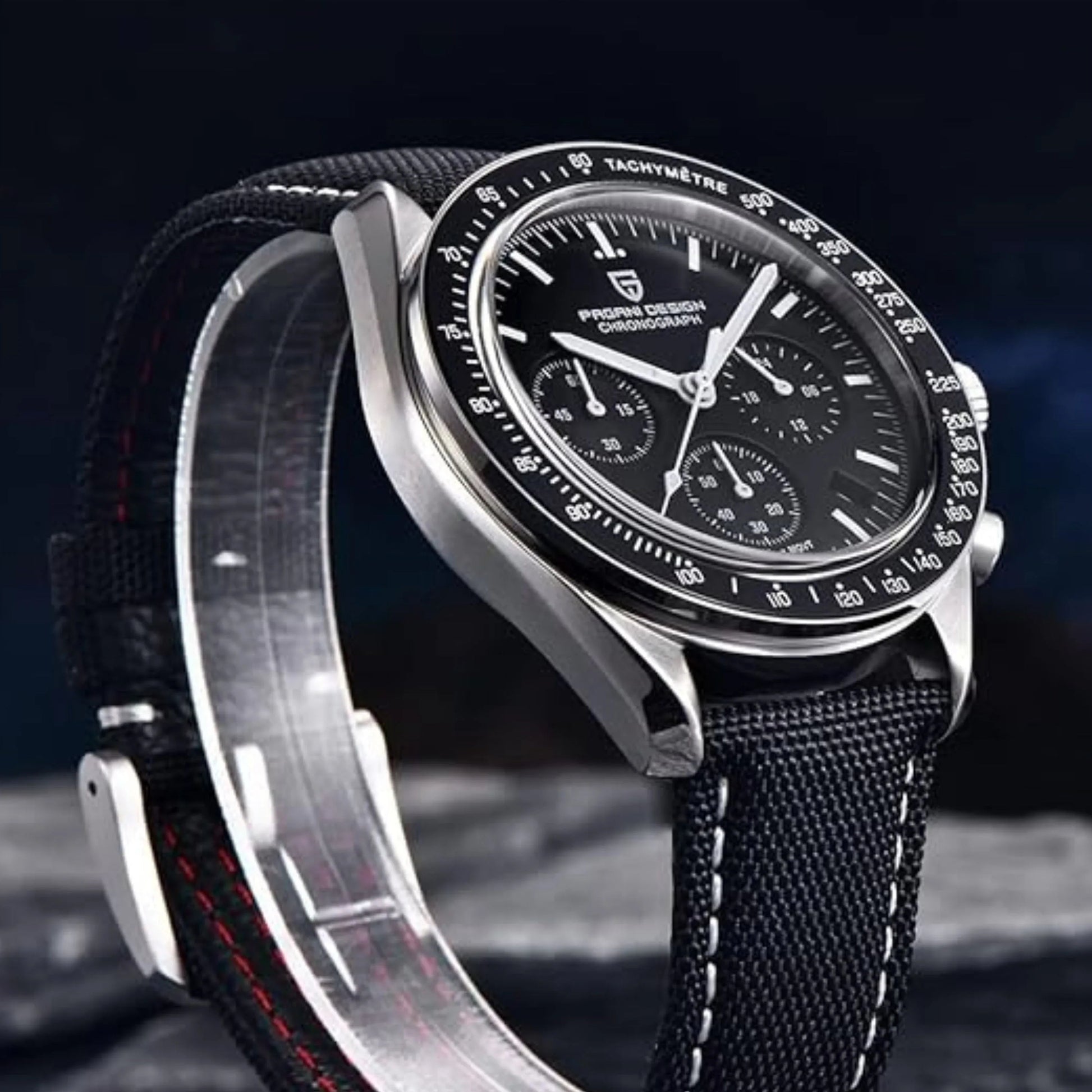 Pagani Design PD-1701 40mm Mens Waterproof Watch with Seiko VK-63 Movement (Speedmaster) "The Moon Watch" - Black Band - DREAM WATCHES