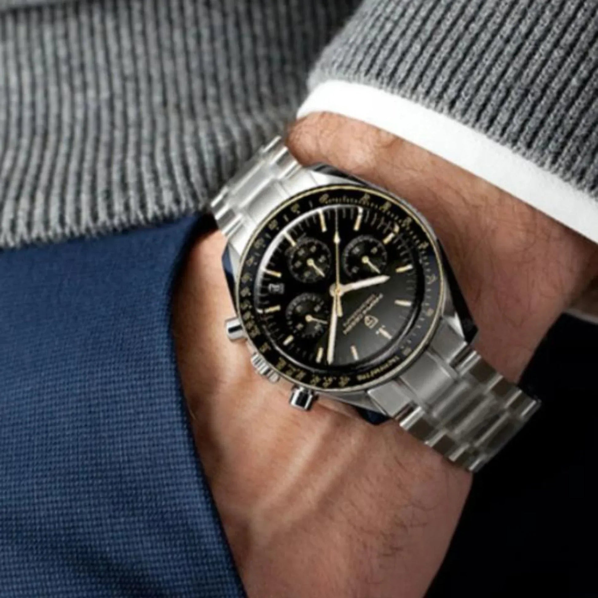 Pagani Design PD-1701 40mm Mens Waterproof Watch with Seiko VK-63 Movement (Speedmaster) "The Moon Watch" - Black Band - DREAM WATCHES