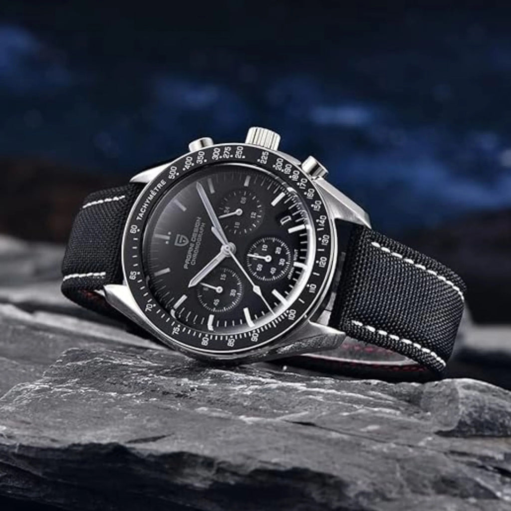 Pagani Design PD-1701 40mm Mens Waterproof Watch with Seiko VK-63 Movement (Speedmaster) "The Moon Watch" - Black Band - DREAM WATCHES