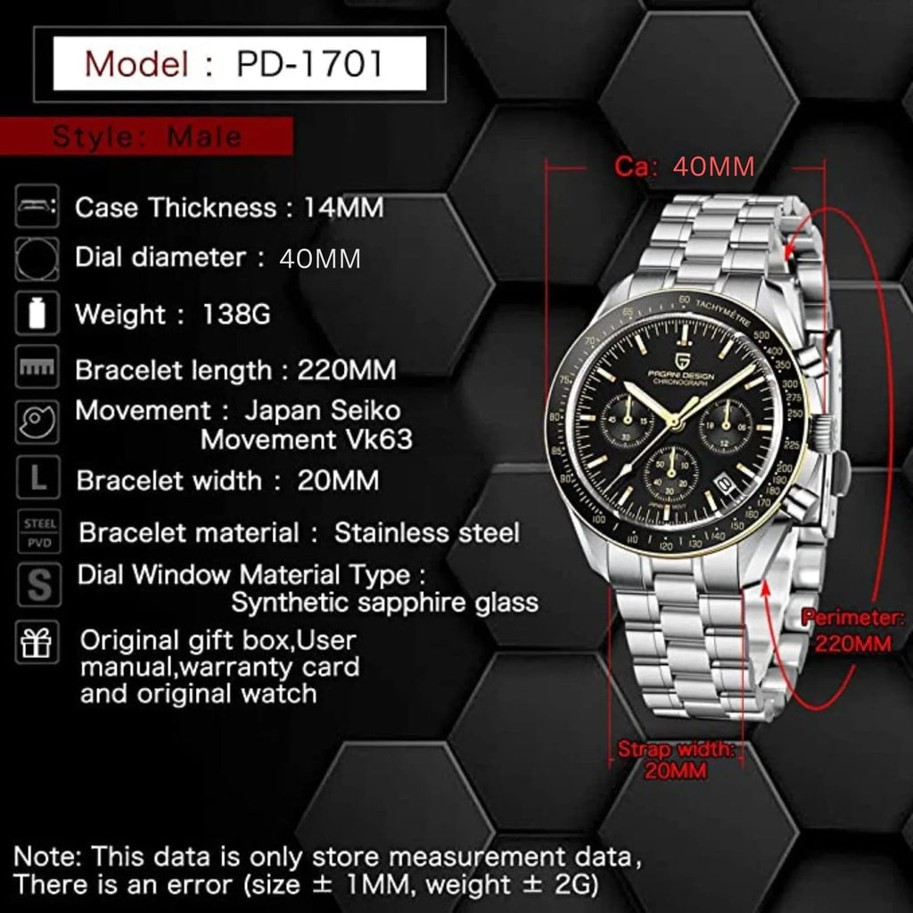 Pagani Design PD-1701 40mm Mens Waterproof Watch with Seiko VK-63 Movement "The Moon Watch" - DREAM WATCHES