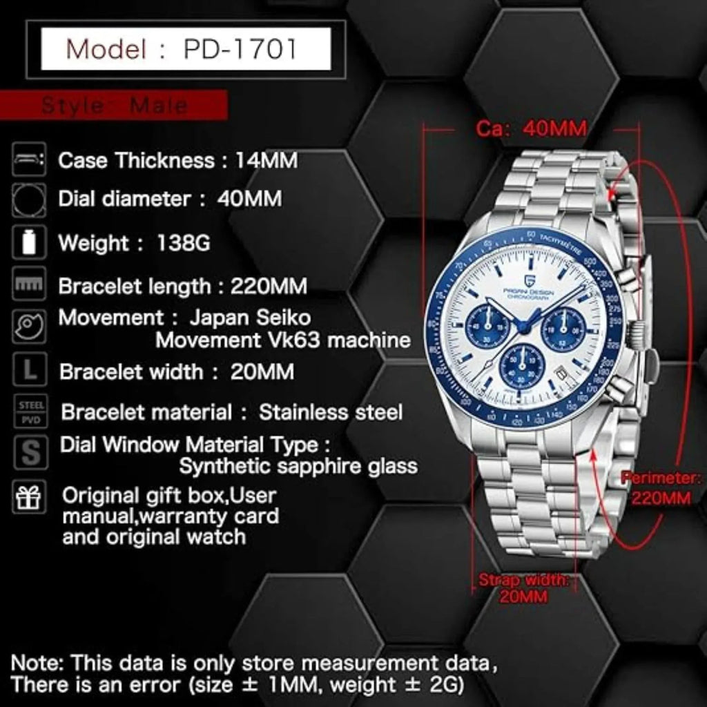 Pagani Design PD-1701 40mm Mens Waterproof Watch with Seiko VK-63 Movement"The Moon Watch" (Blue Band Speedmaster) - DREAM WATCHES