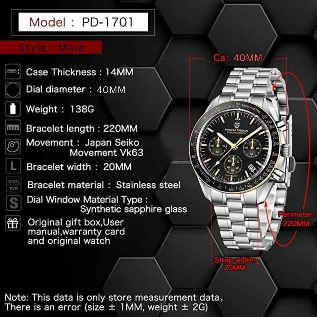 Pagani Design PD-1701 Men's Chronograph Quartz Dial 40mm VK63 Movement Stainless Steel Mirror Sapphire Watch 100 Meter Water Resistant Sport Watch - DREAM WATCHES