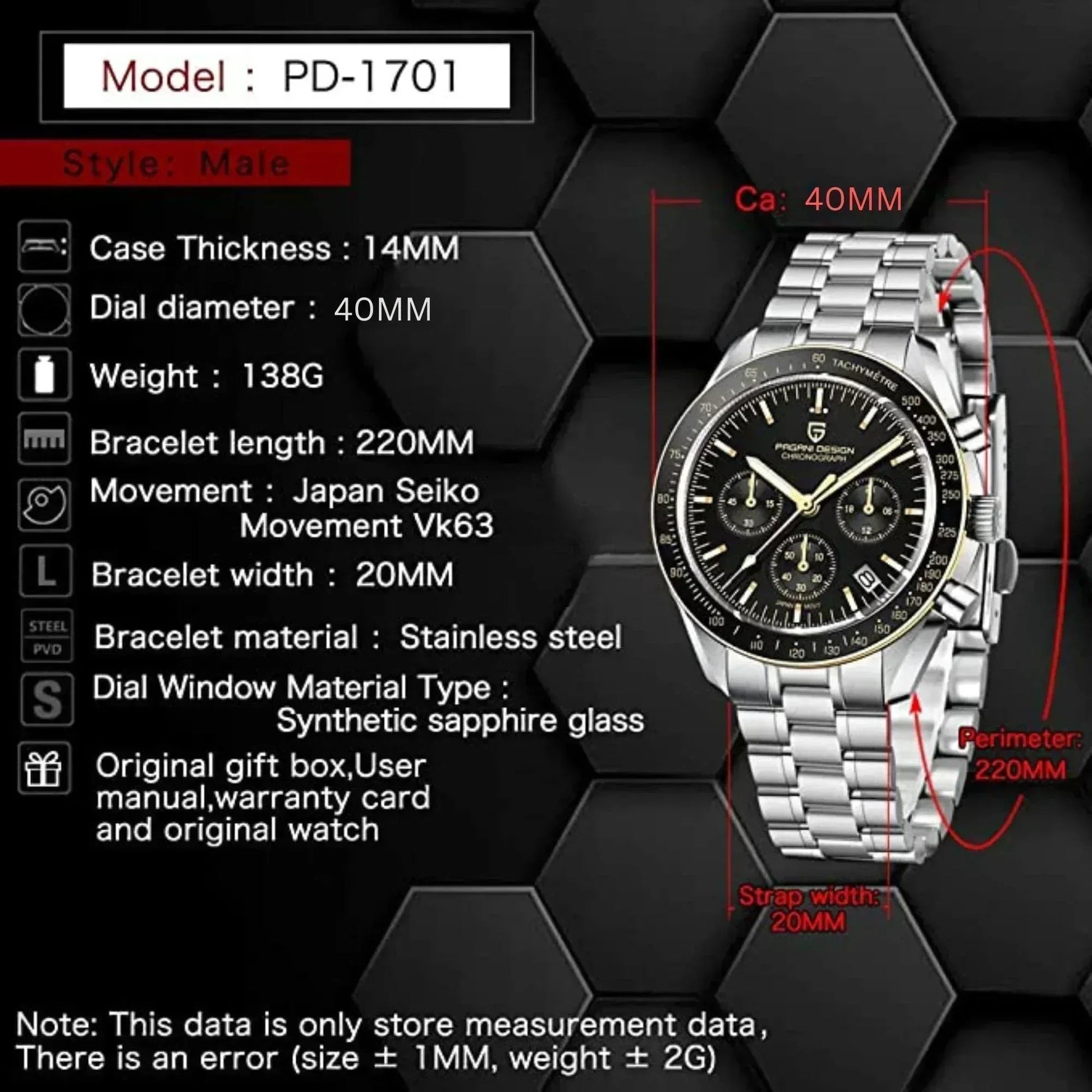 Pagani Design PD-1701 Men's Chronograph Quartz Dial 40mm VK63 Movement Stainless Steel Mirror Sapphire Watch 100 Meter Water Resistant Sport Watch - DREAM WATCHES