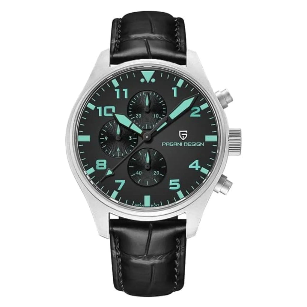 Pagani Design PD-1703 42MM Pilot Chronograph Men's with Seiko VK67 Quartz Watch with Crystal AR Coating - Black Dial With Black Leather Strap - DREAM WATCHES