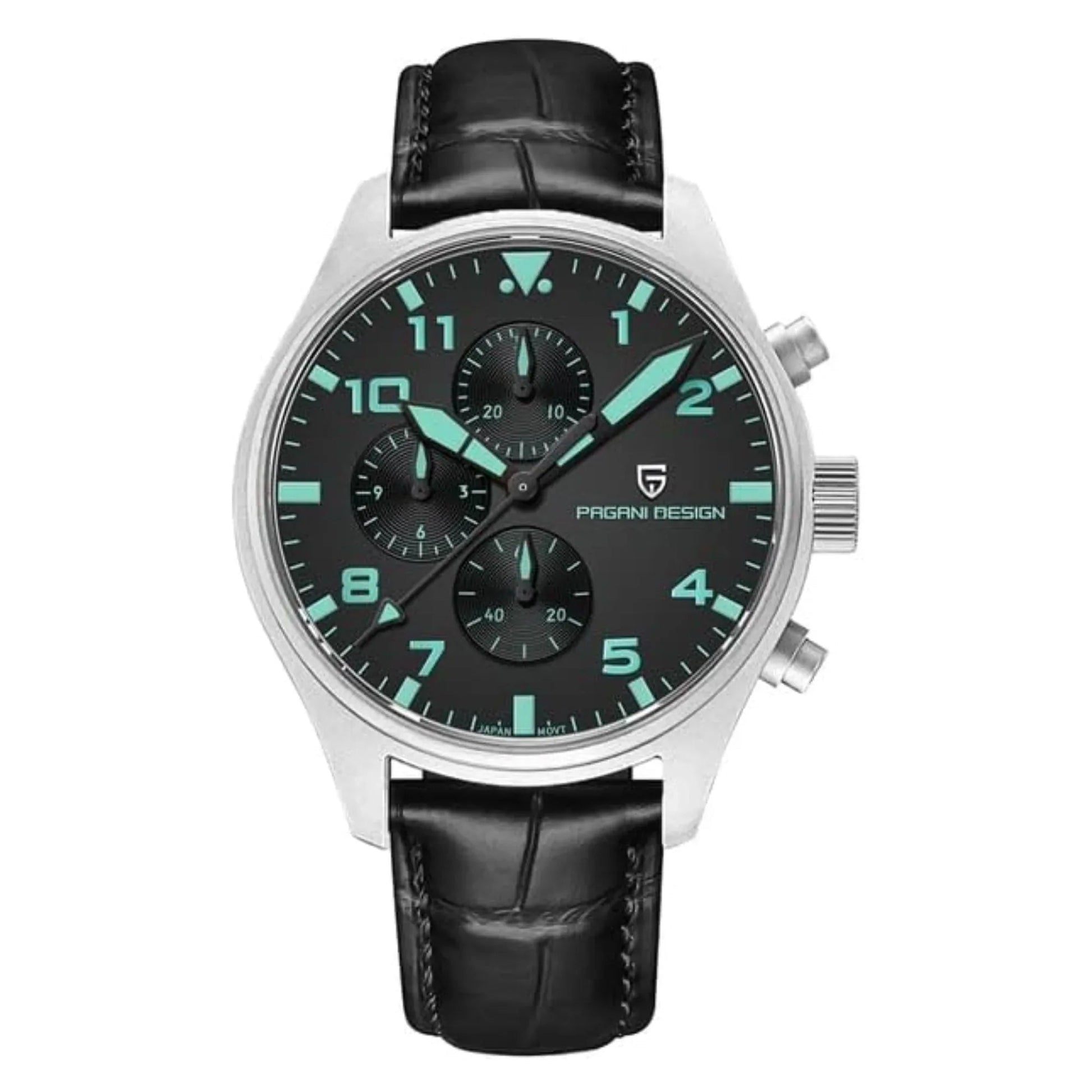 Pagani Design PD-1703 42MM Pilot Chronograph Men's with Seiko VK67 Quartz Watch with Crystal AR Coating - Black Dial With Black Leather Strap - DREAM WATCHES