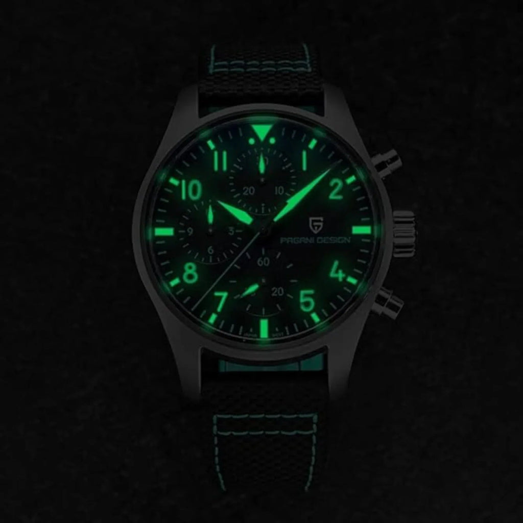 Pagani Design PD-1703 42MM Pilot Chronograph Men's with Seiko VK67 Quartz Watch with Crystal AR Coating - Black Dial With Black Leather Strap - DREAM WATCHES