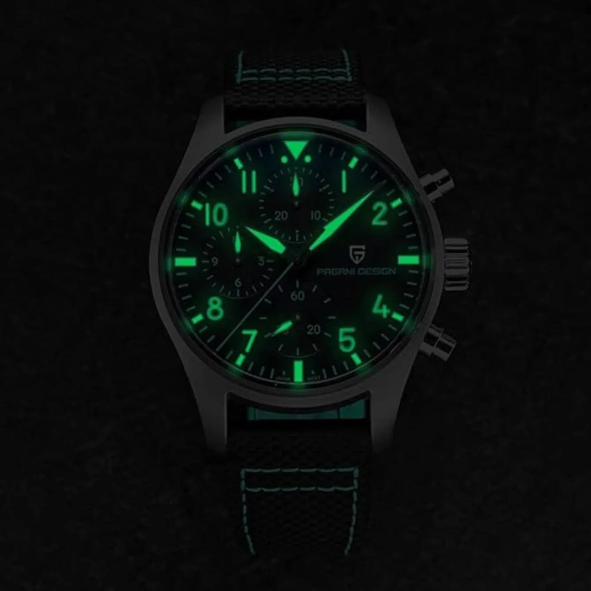 Pagani Design PD-1703 42MM Pilot Chronograph Men's with Seiko VK67 Quartz Watch with Crystal AR Coating - Black Dial With Black Leather Strap - DREAM WATCHES
