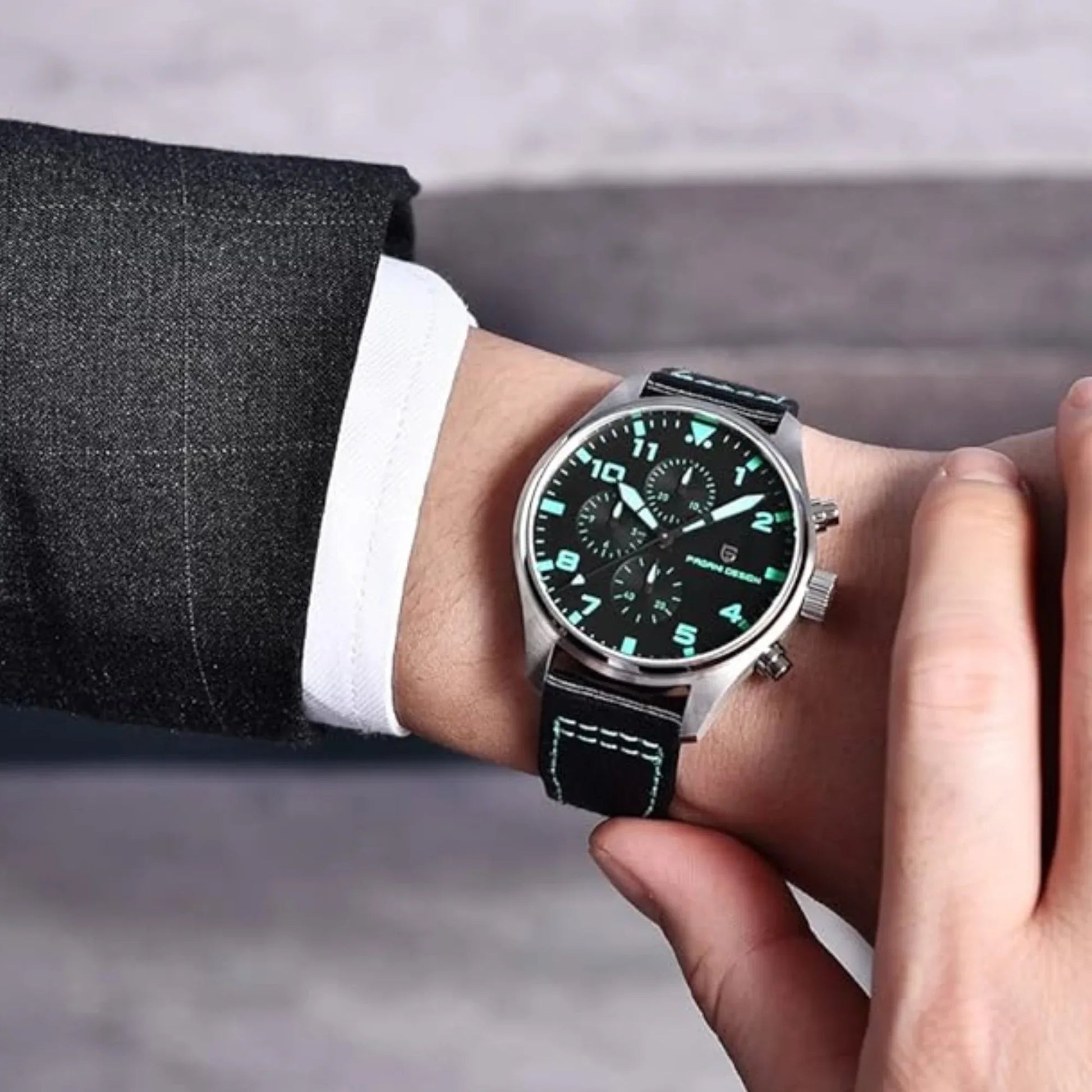 Pagani Design PD-1703 42MM Pilot Chronograph Men's with Seiko VK67 Quartz Watch with Crystal AR Coating - Black Dial With Black Leather Strap - DREAM WATCHES