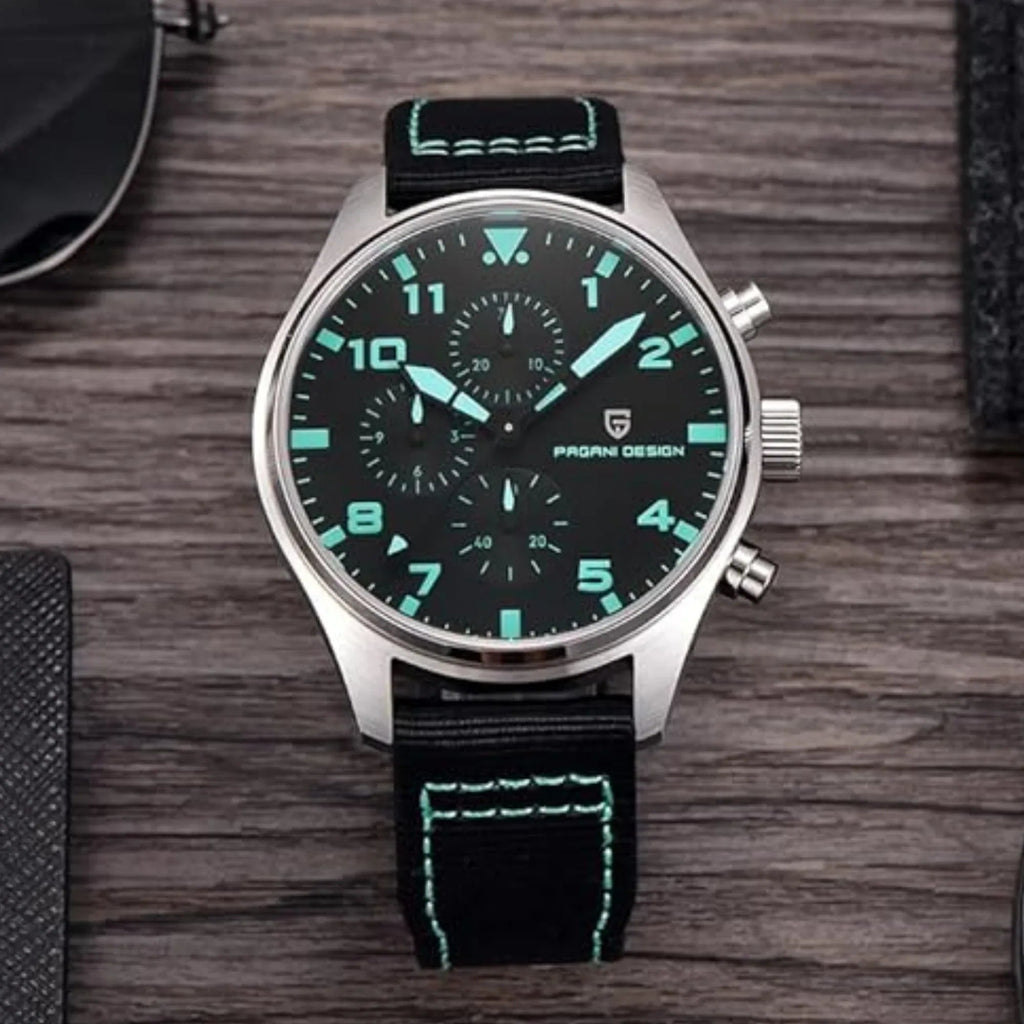 Pagani Design PD-1703 42MM Pilot Chronograph Men's with Seiko VK67 Quartz Watch with Crystal AR Coating - Black Dial With Black Nylon Strap - DREAM WATCHES