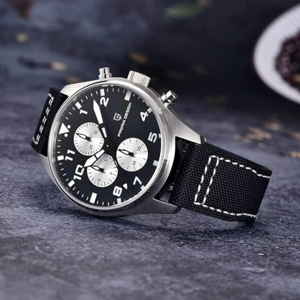 Pagani Design PD-1703 42MM Pilot Chronograph Men's with Seiko VK67 Quartz Watch with Crystal AR Coating - Black Dial With Black Nylon Strap - DREAM WATCHES