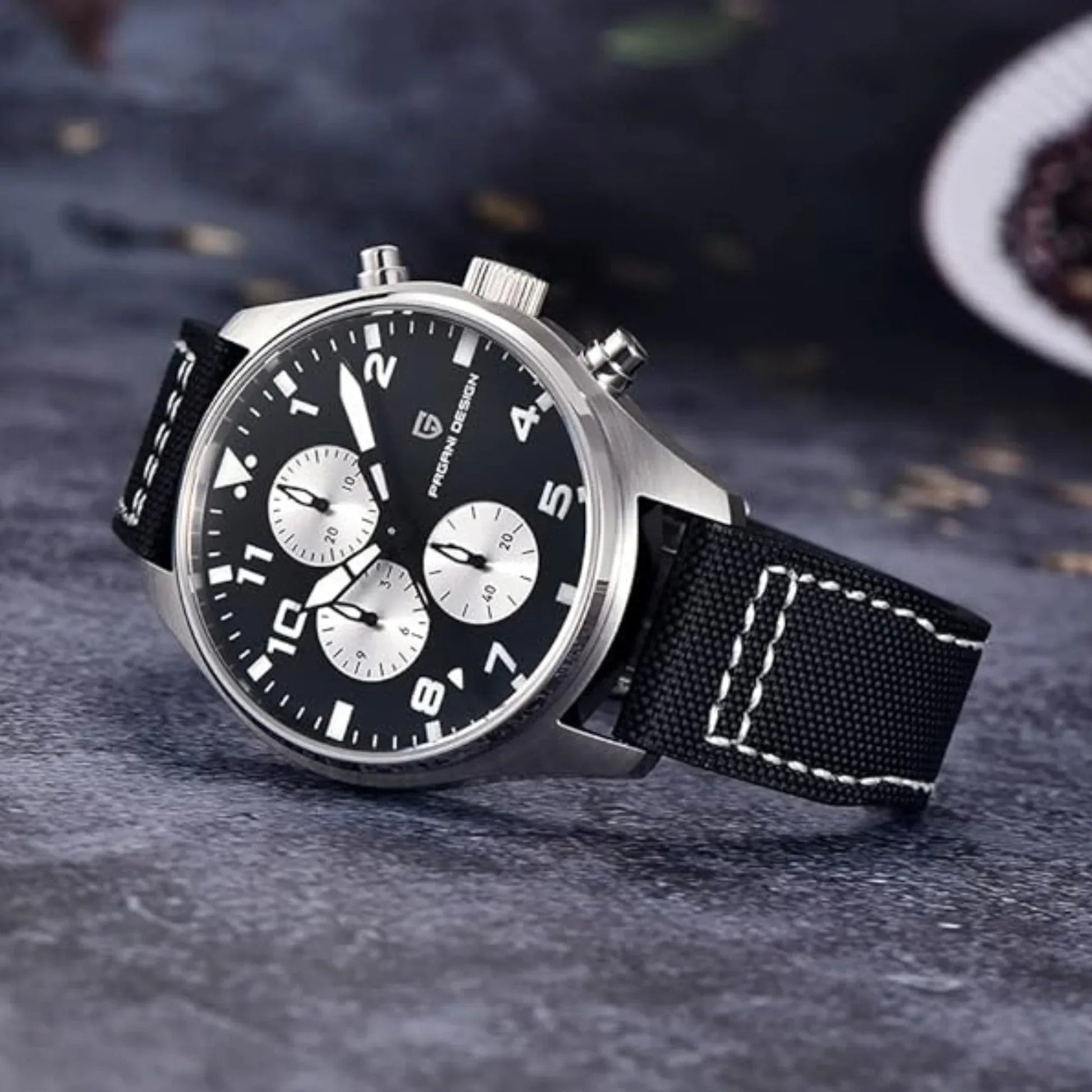 Pagani Design PD-1703 42MM Pilot Chronograph Men's with Seiko VK67 Quartz Watch with Crystal AR Coating - Black Dial With Black Nylon Strap - DREAM WATCHES